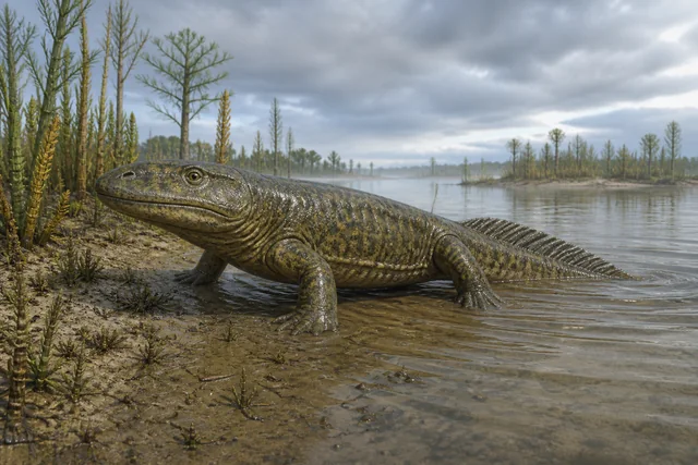Ichthyostega at the edge of a Devonian channel