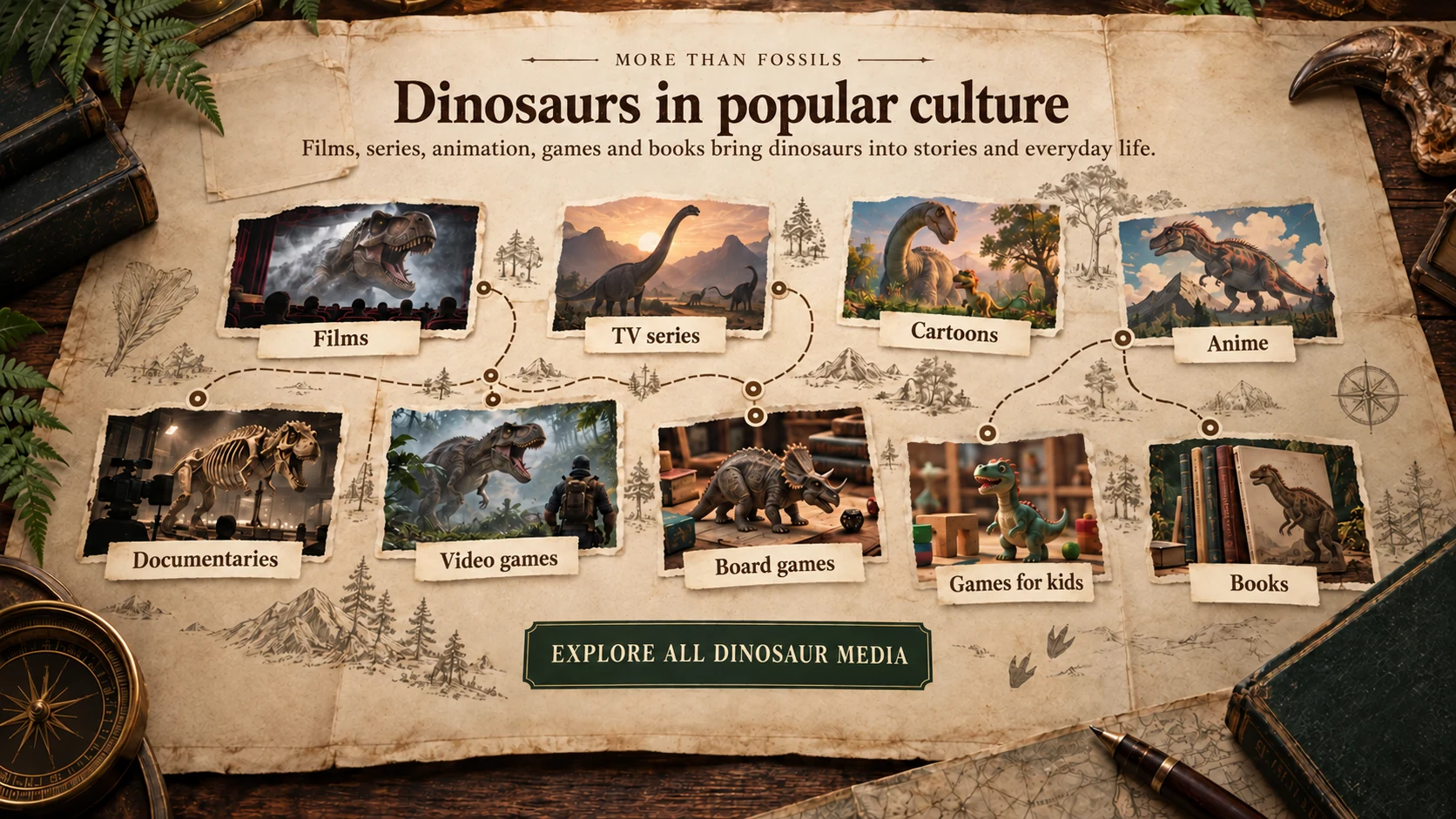A parchment map titled Dinosaurs in popular culture, with illustrated links to films, TV series, cartoons, anime, documentaries, video games, board games, games for kids and books
