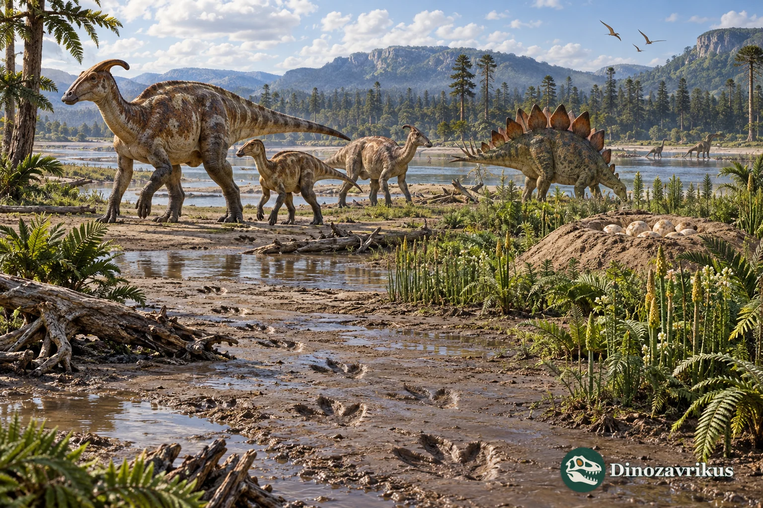 A small group of dinosaurs crosses a river floodplain marked by footprints and a nesting mound