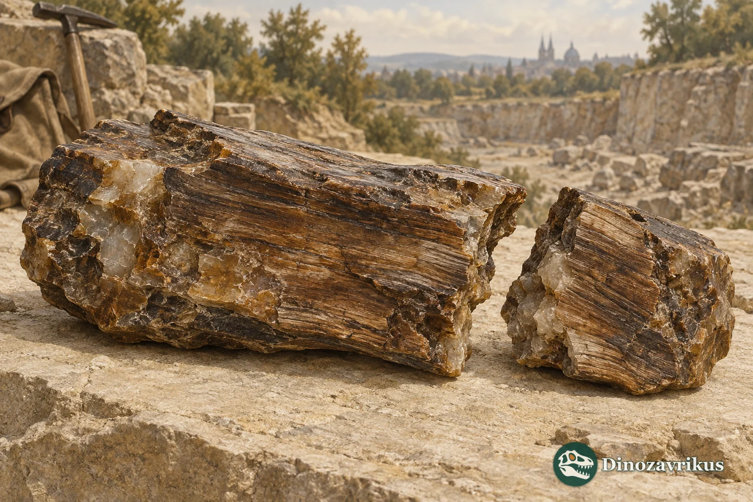 Silicified wood fragments on a quarry surface, illustrating the material once named Aachenosaurus