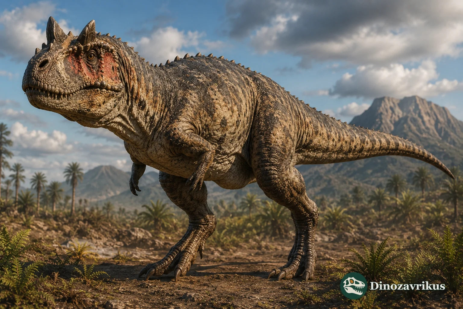Illustrative reconstruction of a robust abelisaurid theropod in a Cretaceous landscape