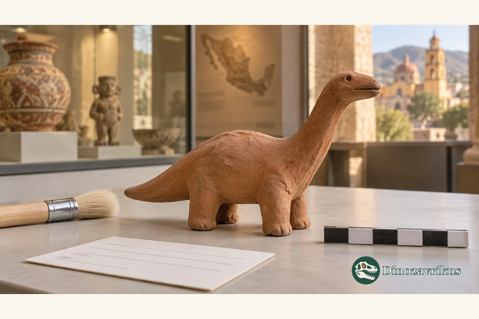 A modern-looking terracotta long-necked animal figurine on a museum study table