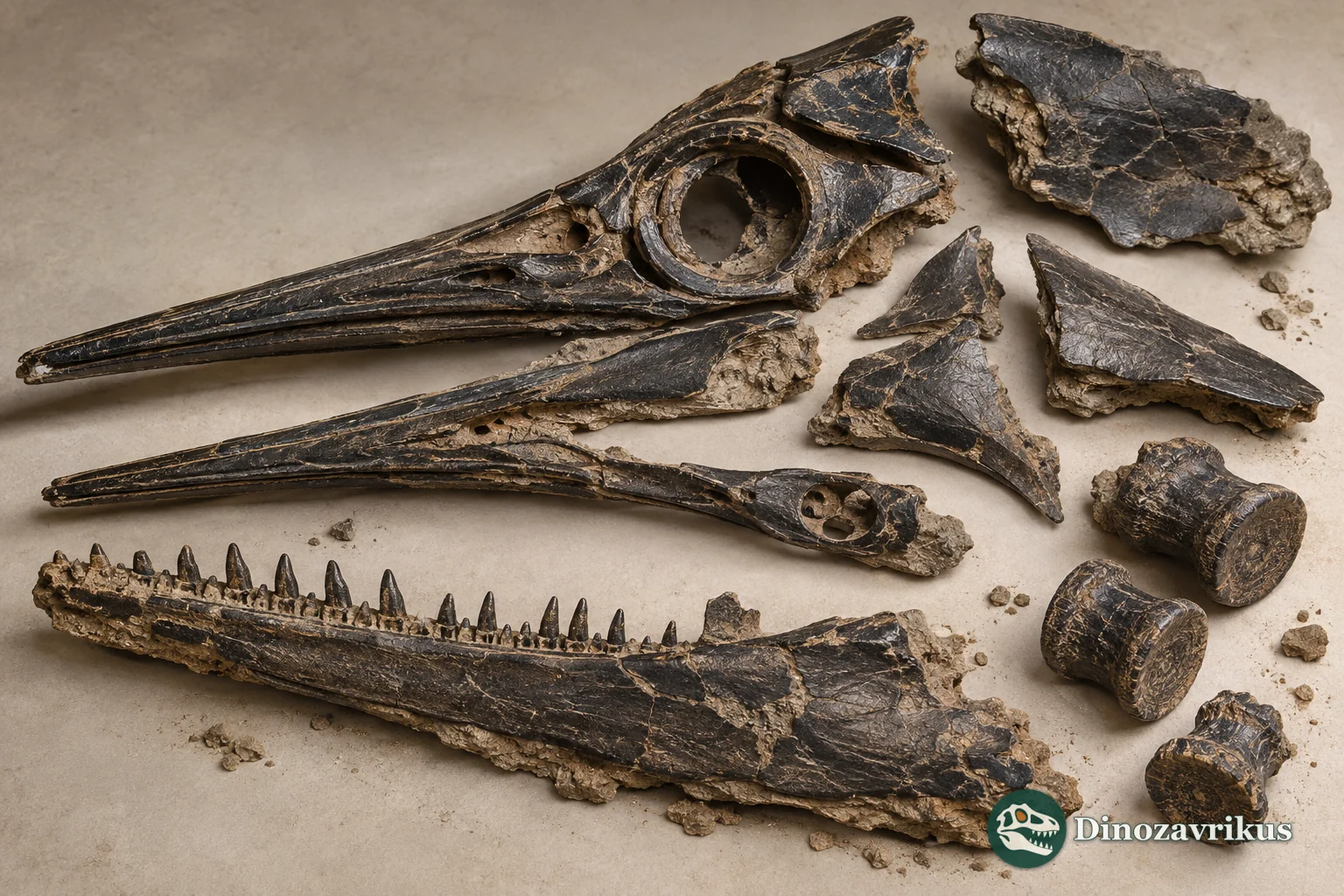 Artistic arrangement of ichthyosaur skull, jaw and vertebral fossils