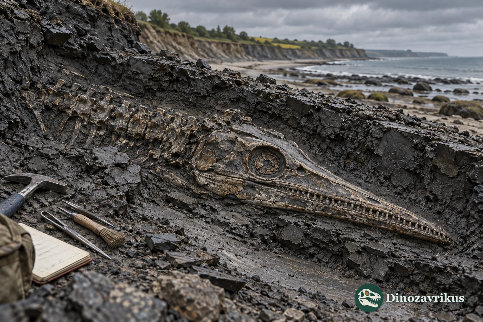 Imagined Early Cretaceous coastal clay exposure with ichthyosaur fossils