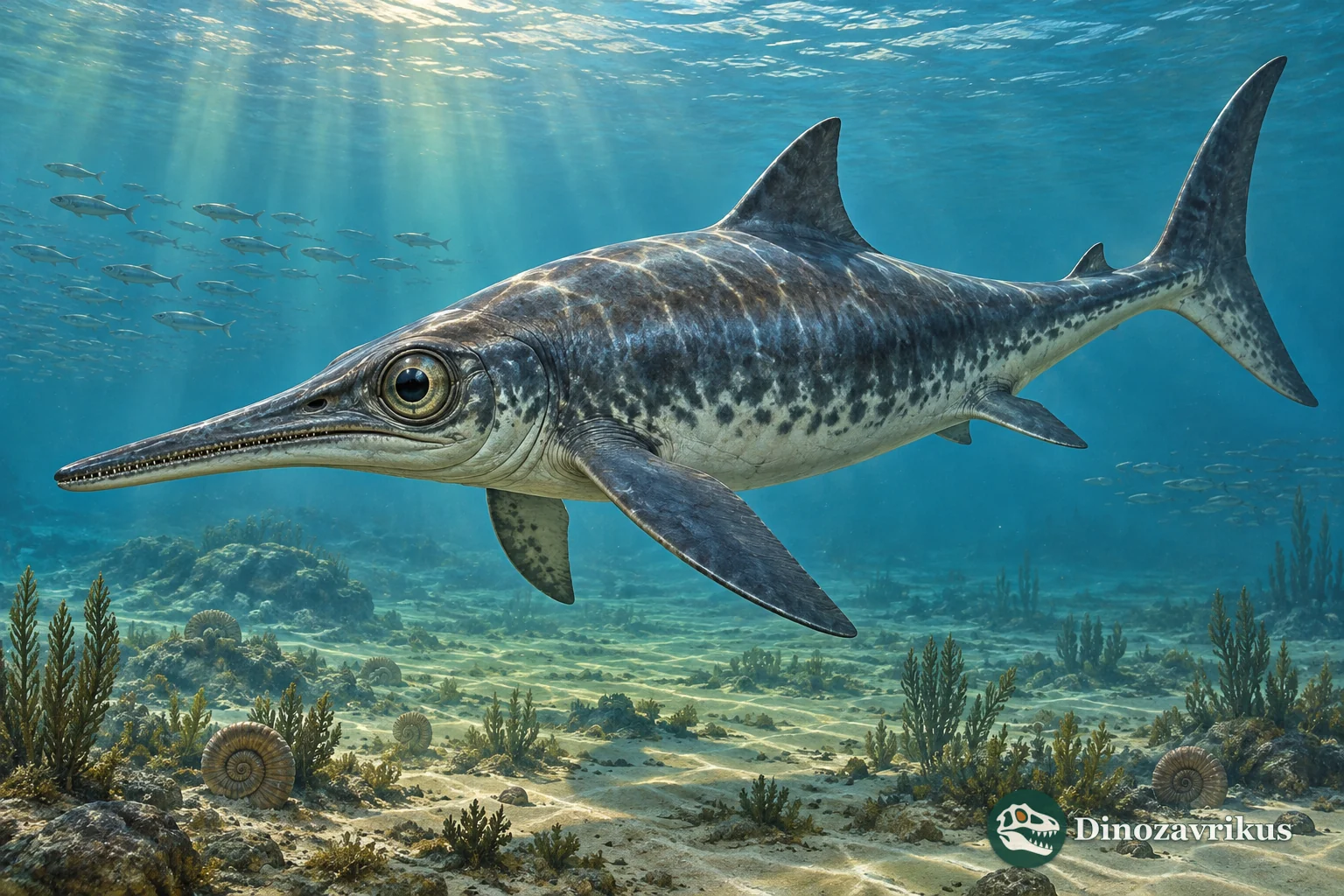 Artistic reconstruction of Acamptonectes swimming in an Early Cretaceous sea