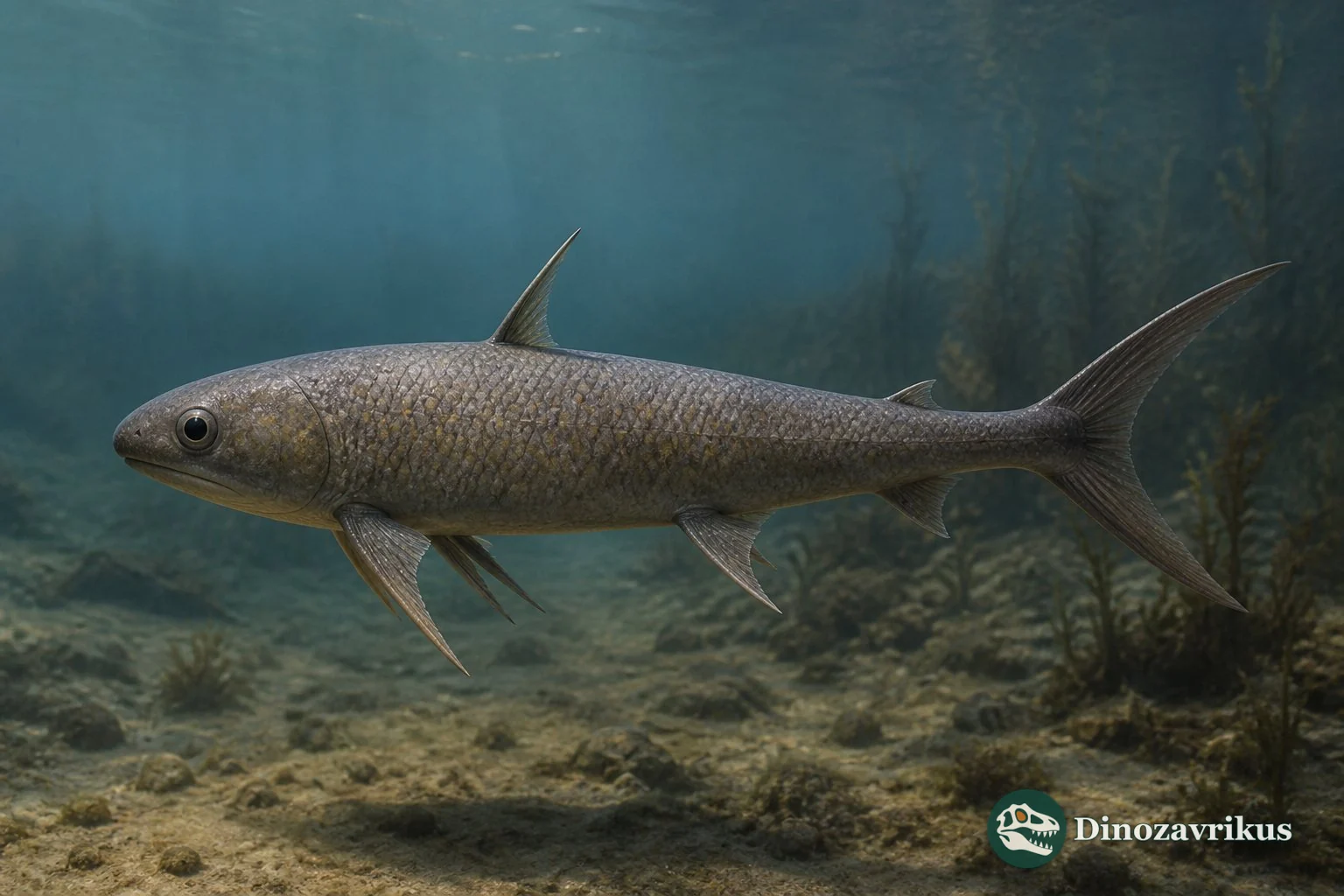 Acanthodes bronni reconstructed above a shallow Early Permian lake bed