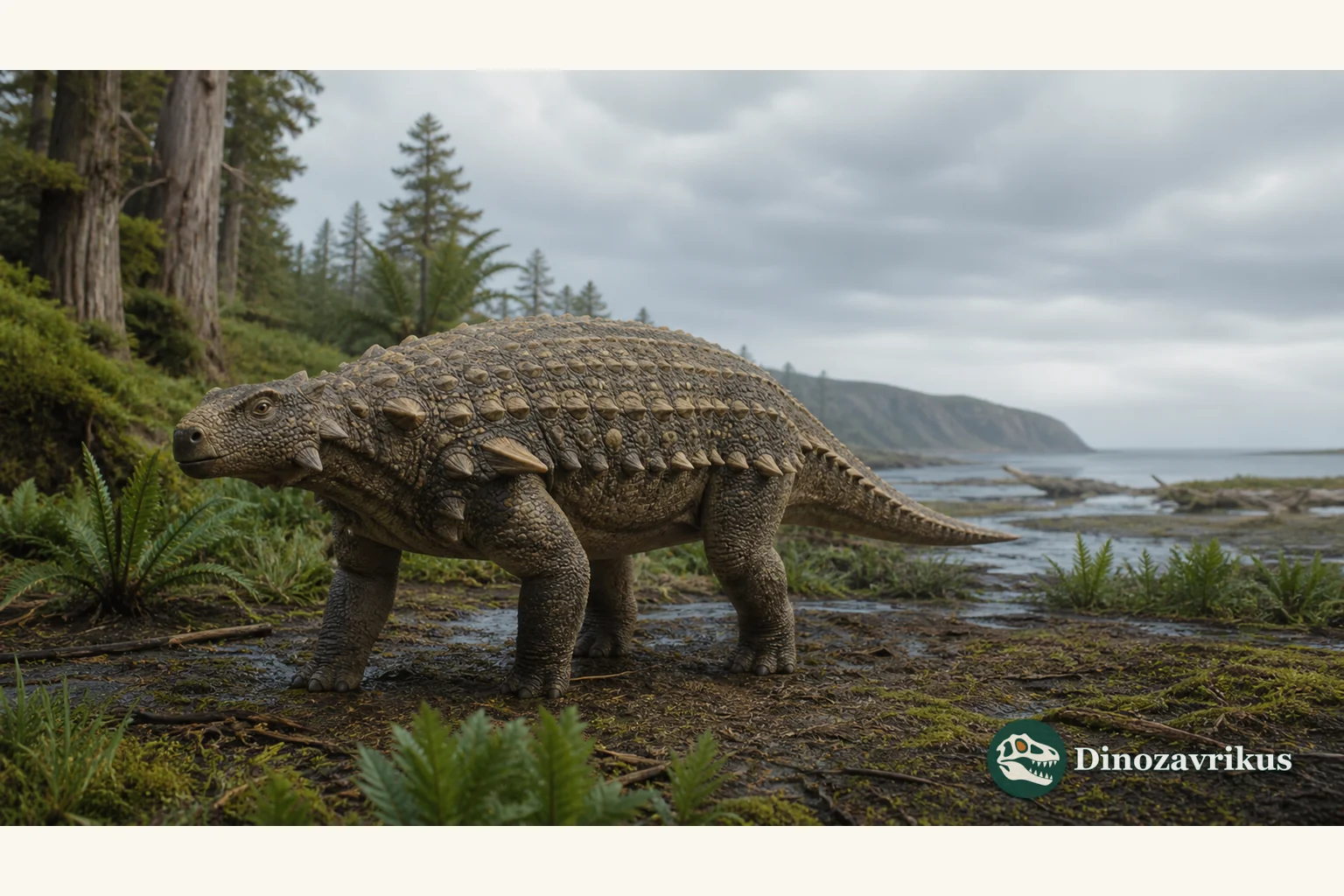 Armoured nodosaurid reconstructed on a Cretaceous coastal plain