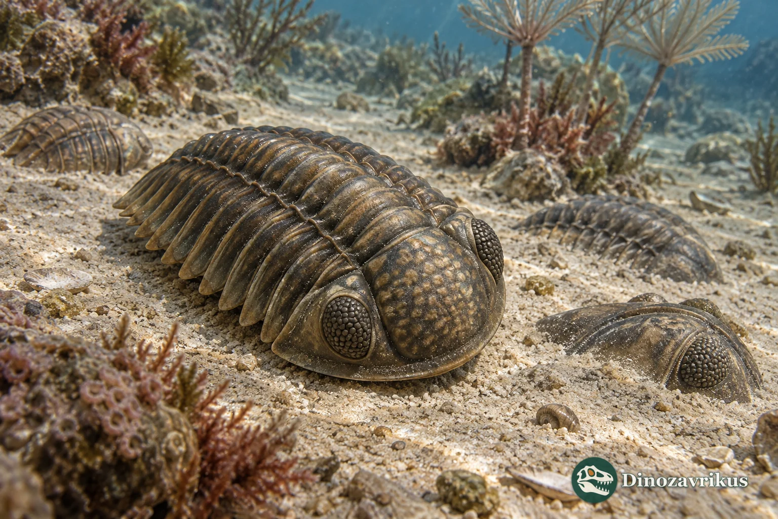 Acernaspis trilobite with broad head shield, large schizochroal eyes and articulated thorax
