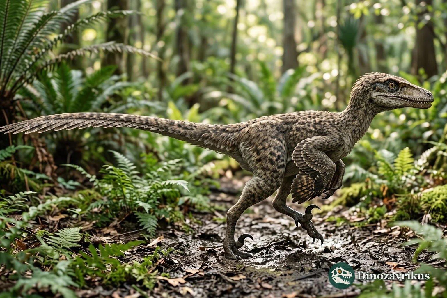 Feathered reconstruction of Acheroraptor in a wooded floodplain