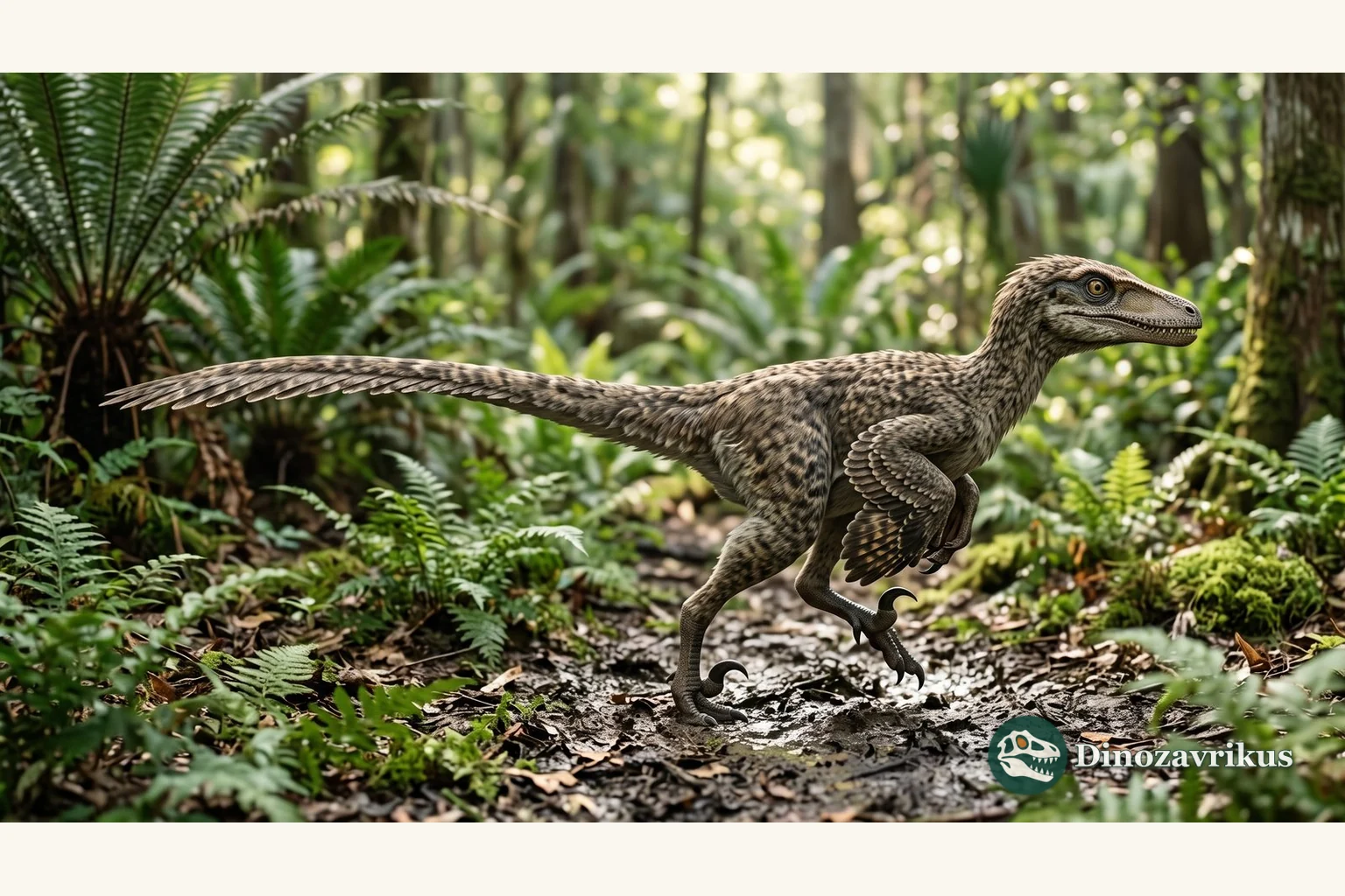 Feathered reconstruction of Acheroraptor in a wooded floodplain