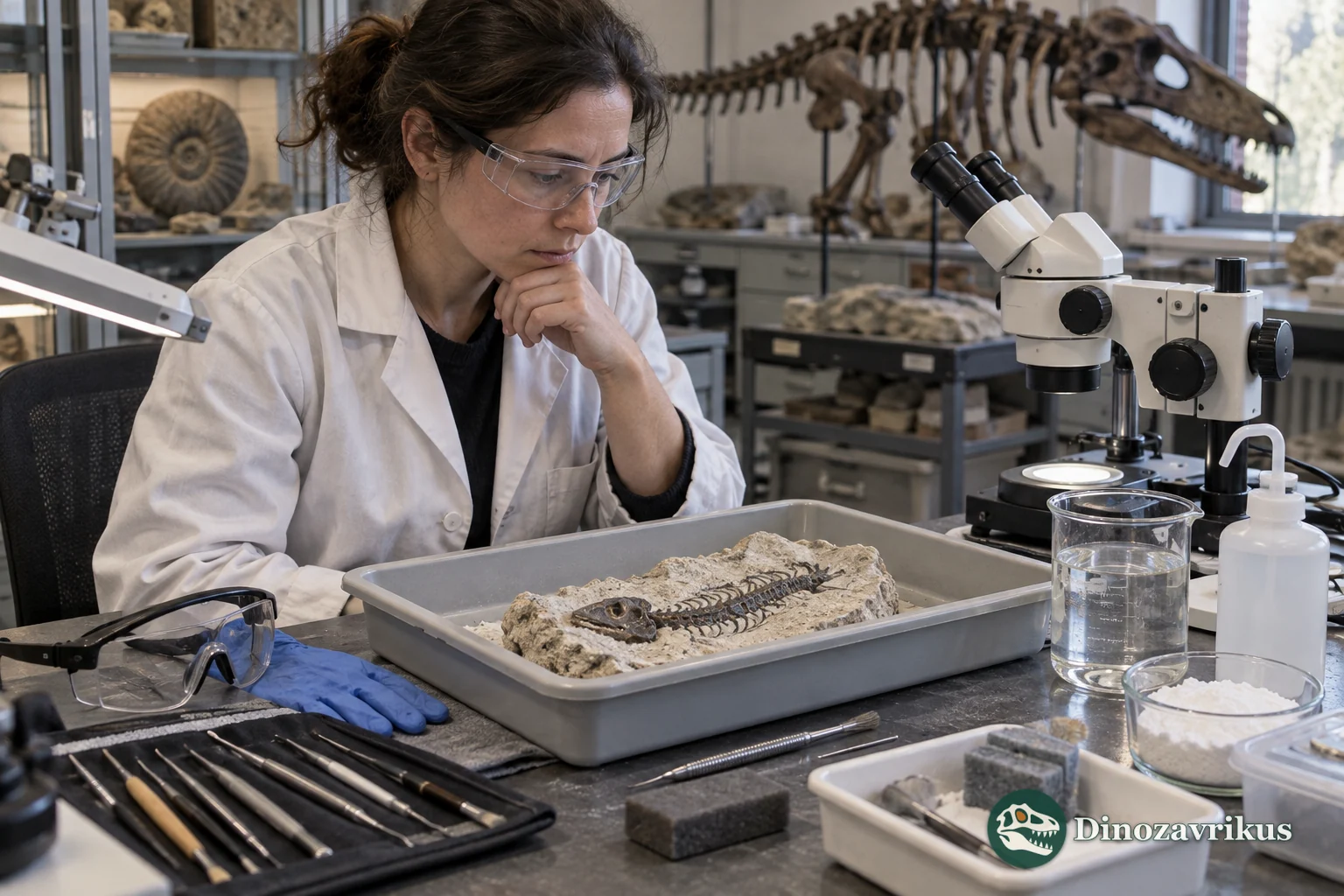 A museum fossil preparator examines a vertebrate fossil in matrix at a controlled laboratory workstation