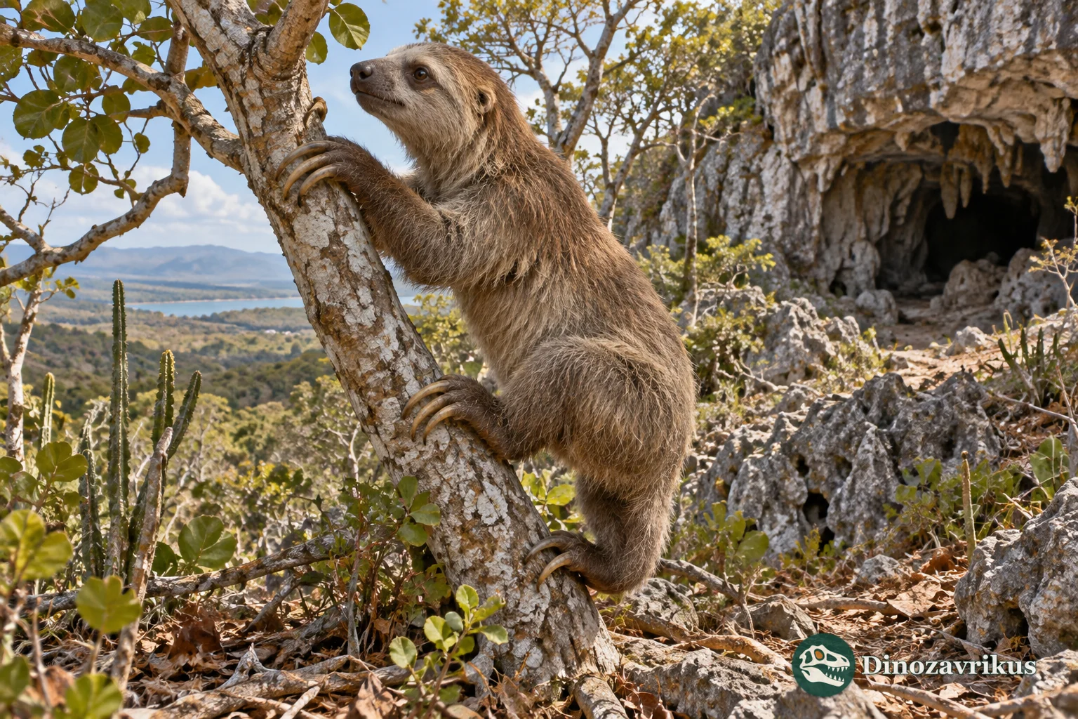 Artistic reconstruction of an Acratocnus sloth near a Caribbean limestone cave