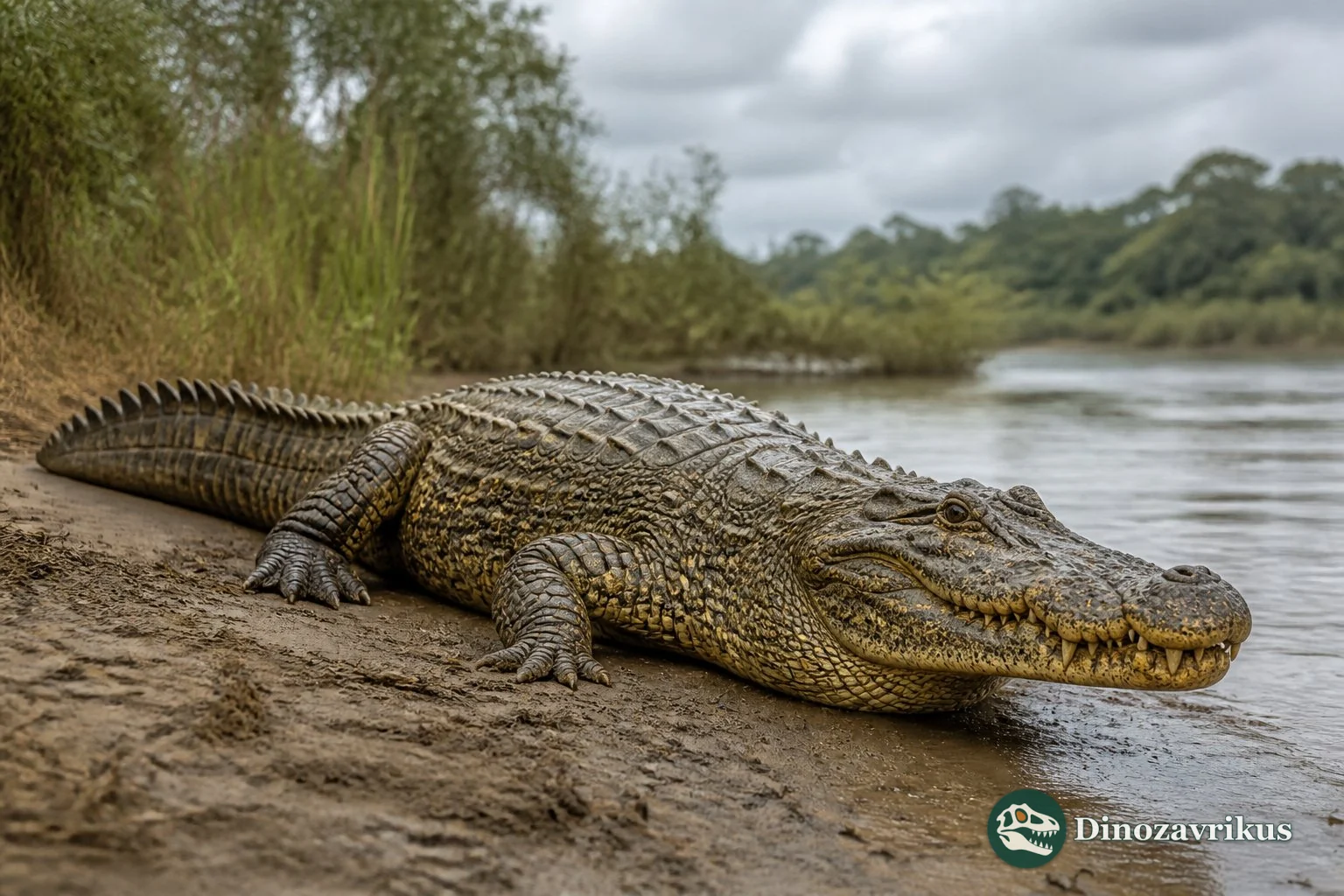 Reconstruction of Acresuchus on a Miocene Amazonian riverbank