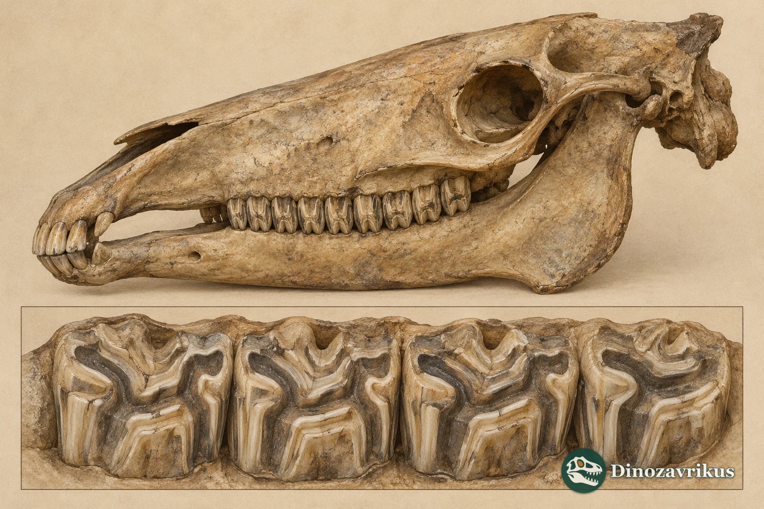 Schematic Miocene horse skull and enlarged cheek-tooth surfaces