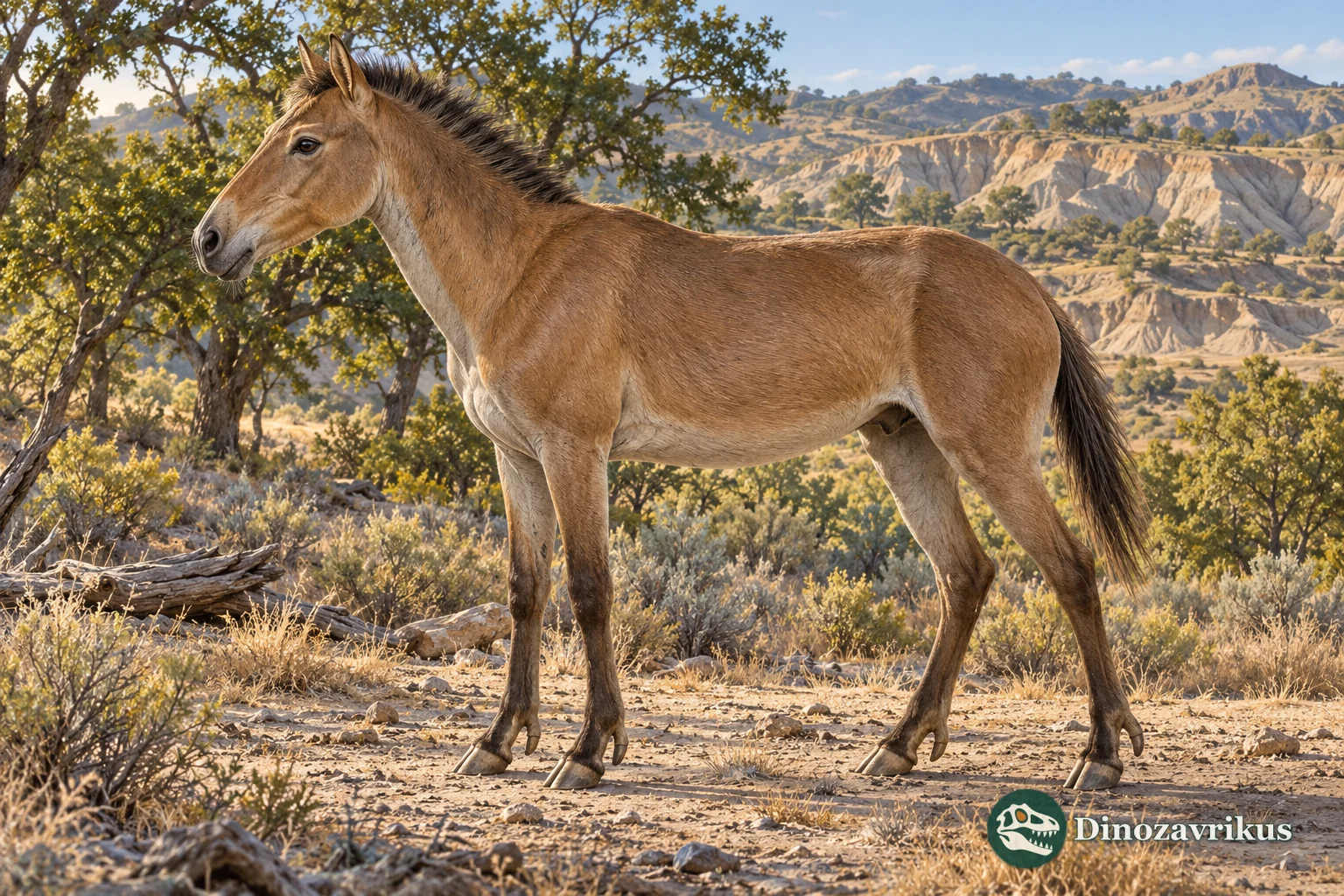 Artistic reconstruction of a three-toed Acritohippus in a North American Miocene landscape