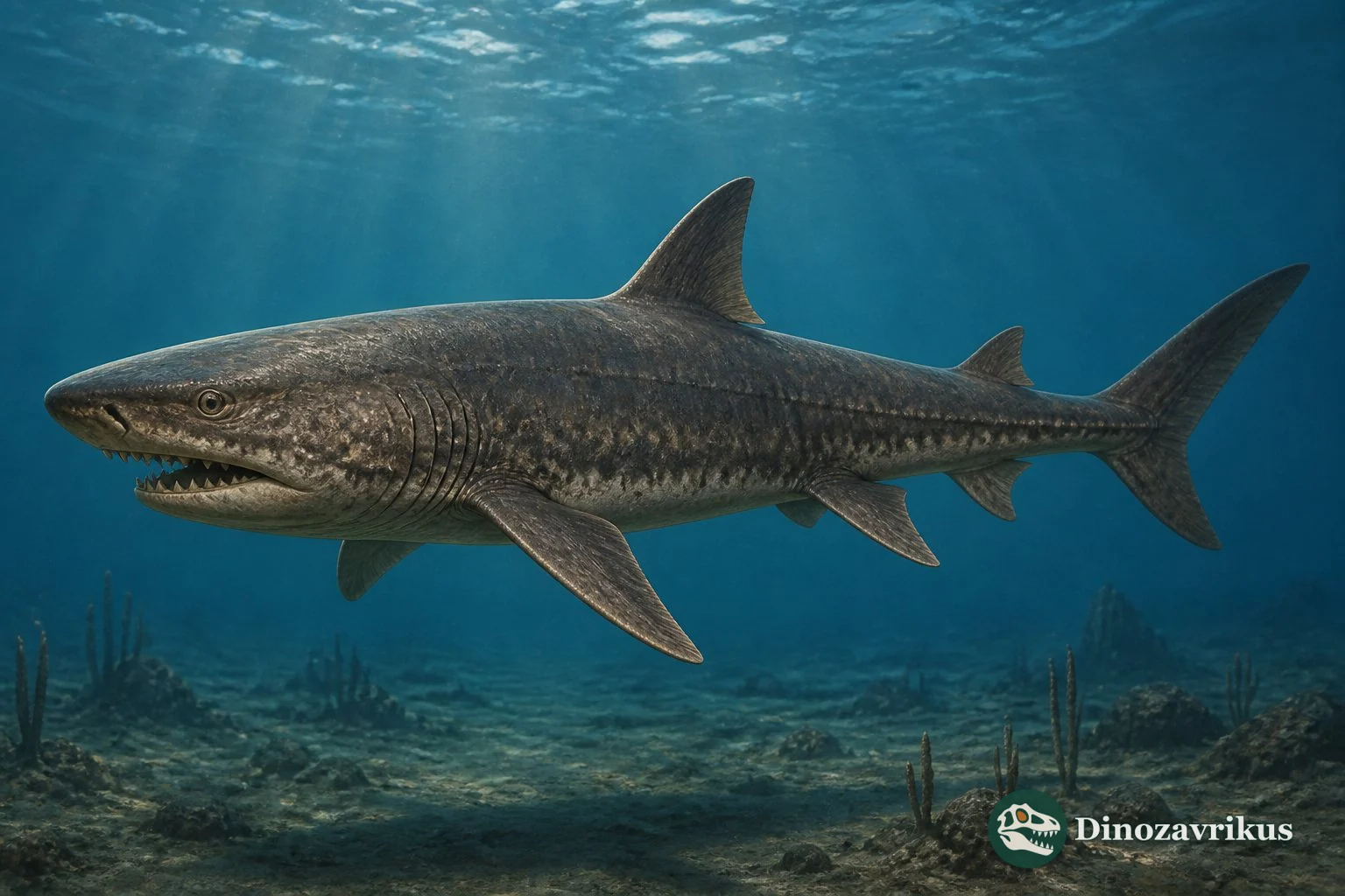 Reconstruction of Acrodus swimming above a Mesozoic seabed