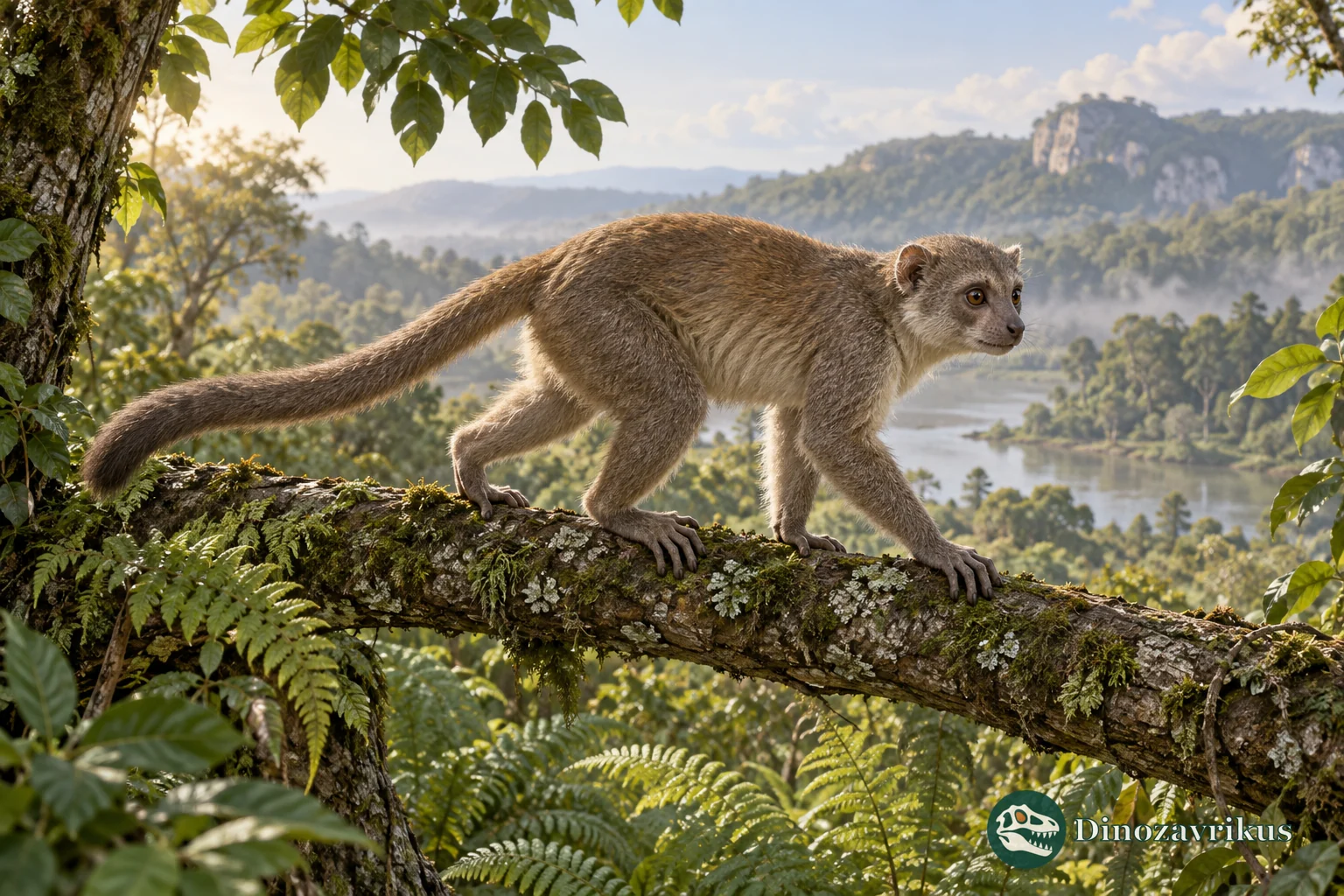 Artistic reconstruction of an adapiform primate moving through an Eocene forest