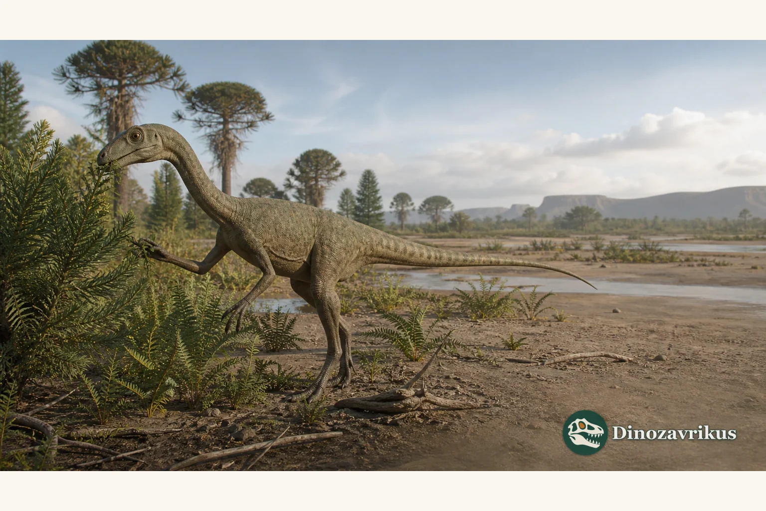Artistic reconstruction of Adeopapposaurus in an Early Jurassic landscape of north-western Argentina