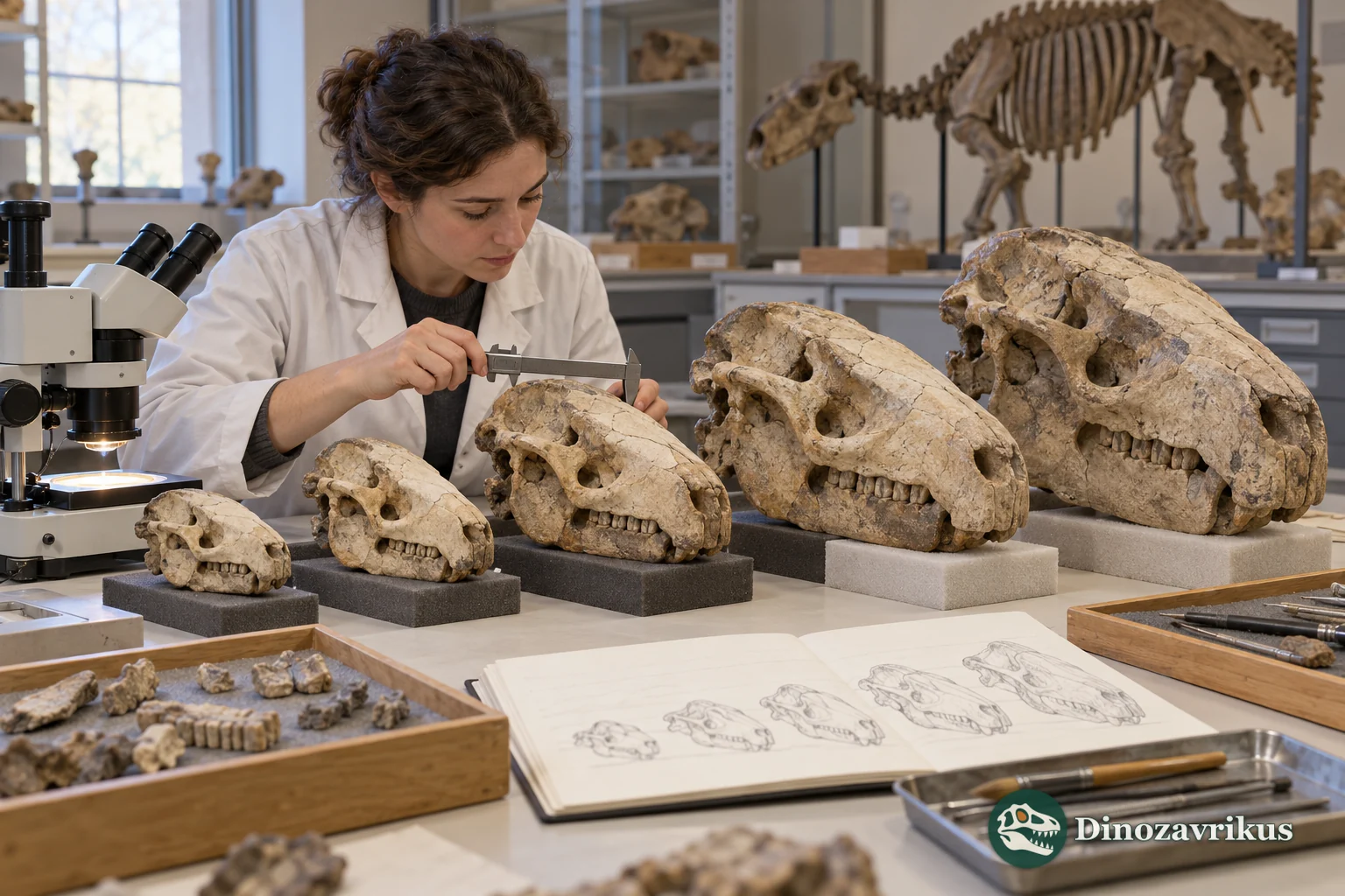 Illustrative museum scene measuring Adinotherium-like skulls at different growth stages