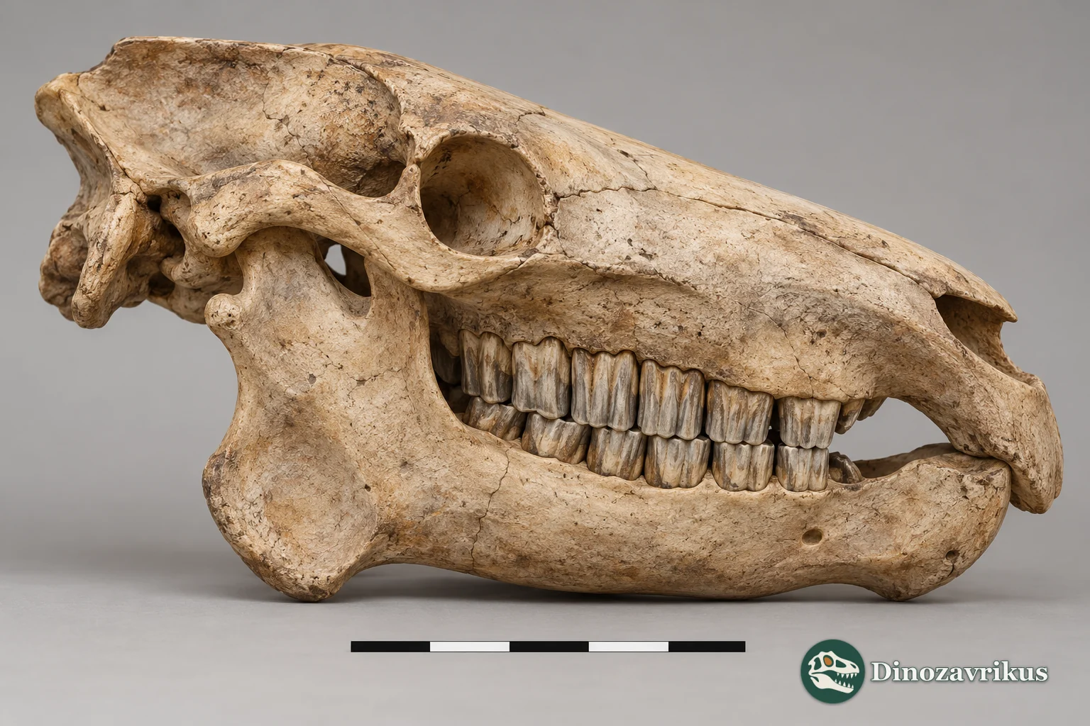 Side view of an interpretive Adinotherium ovinum skull