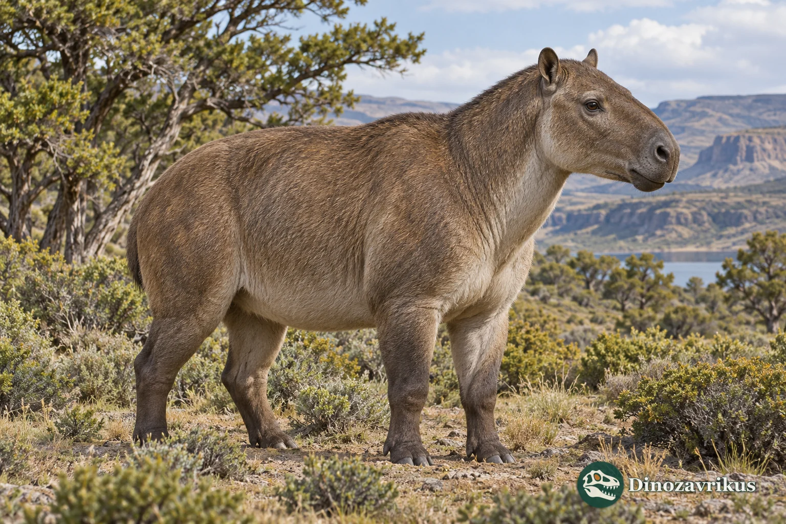 Artistic reconstruction of Adinotherium ovinum in a mosaic of Patagonian woodland and open scrub