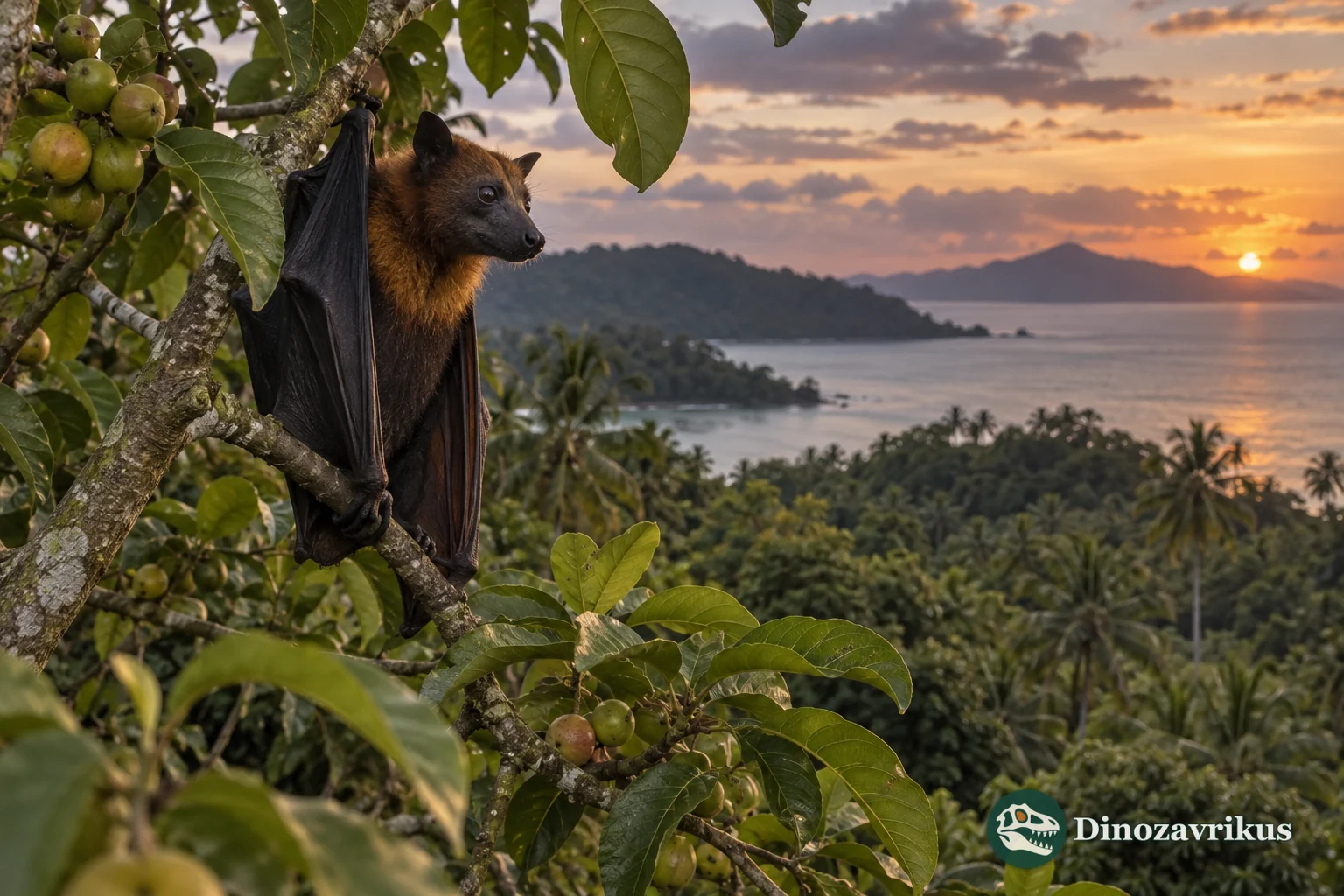 Admiralty flying fox perched in a fruiting Pacific island tree at dusk