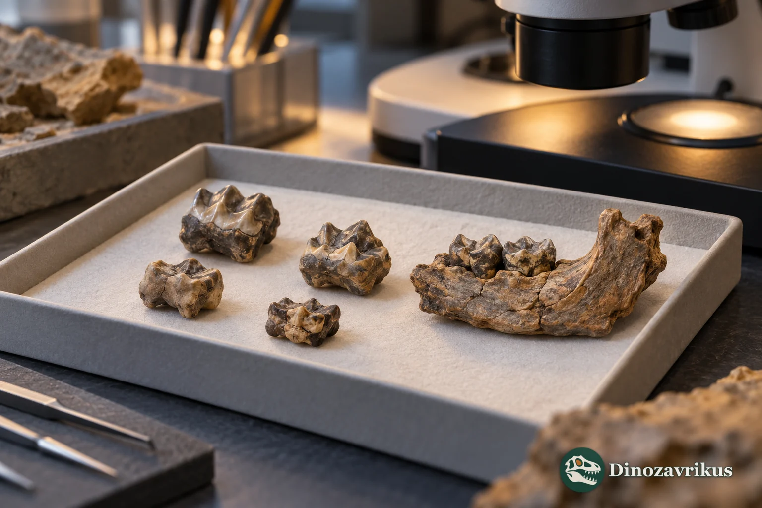 Conceptual museum study scene with isolated teeth and a jaw fragment from a small Paleocene mammal