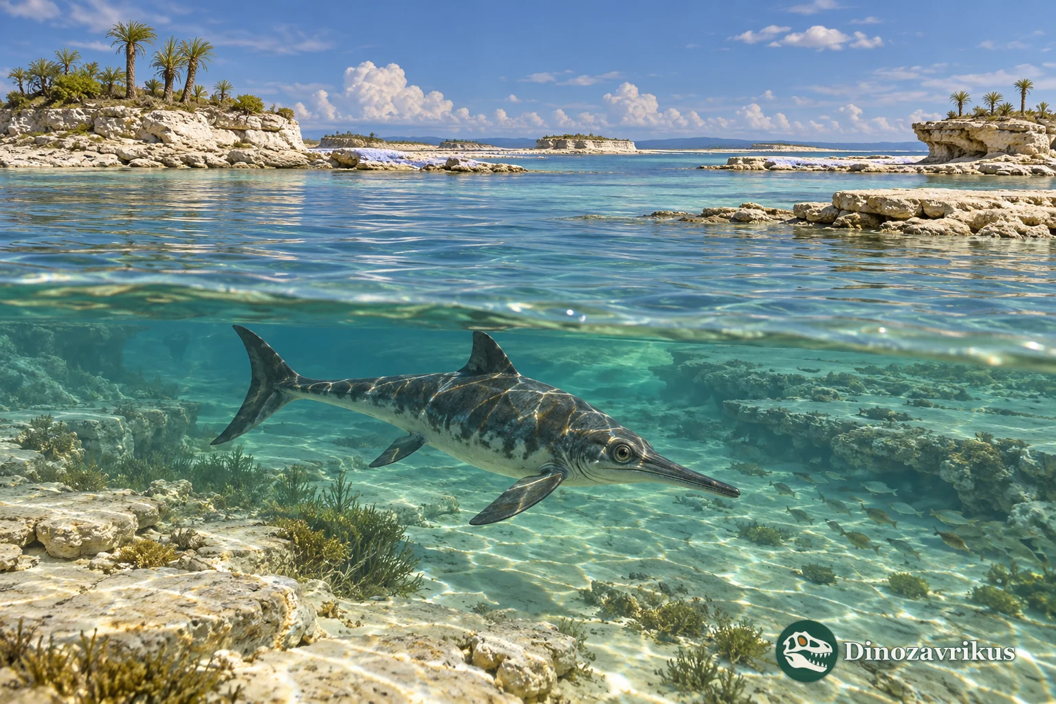 Imagined Late Jurassic Solnhofen lagoon with ichthyosaur