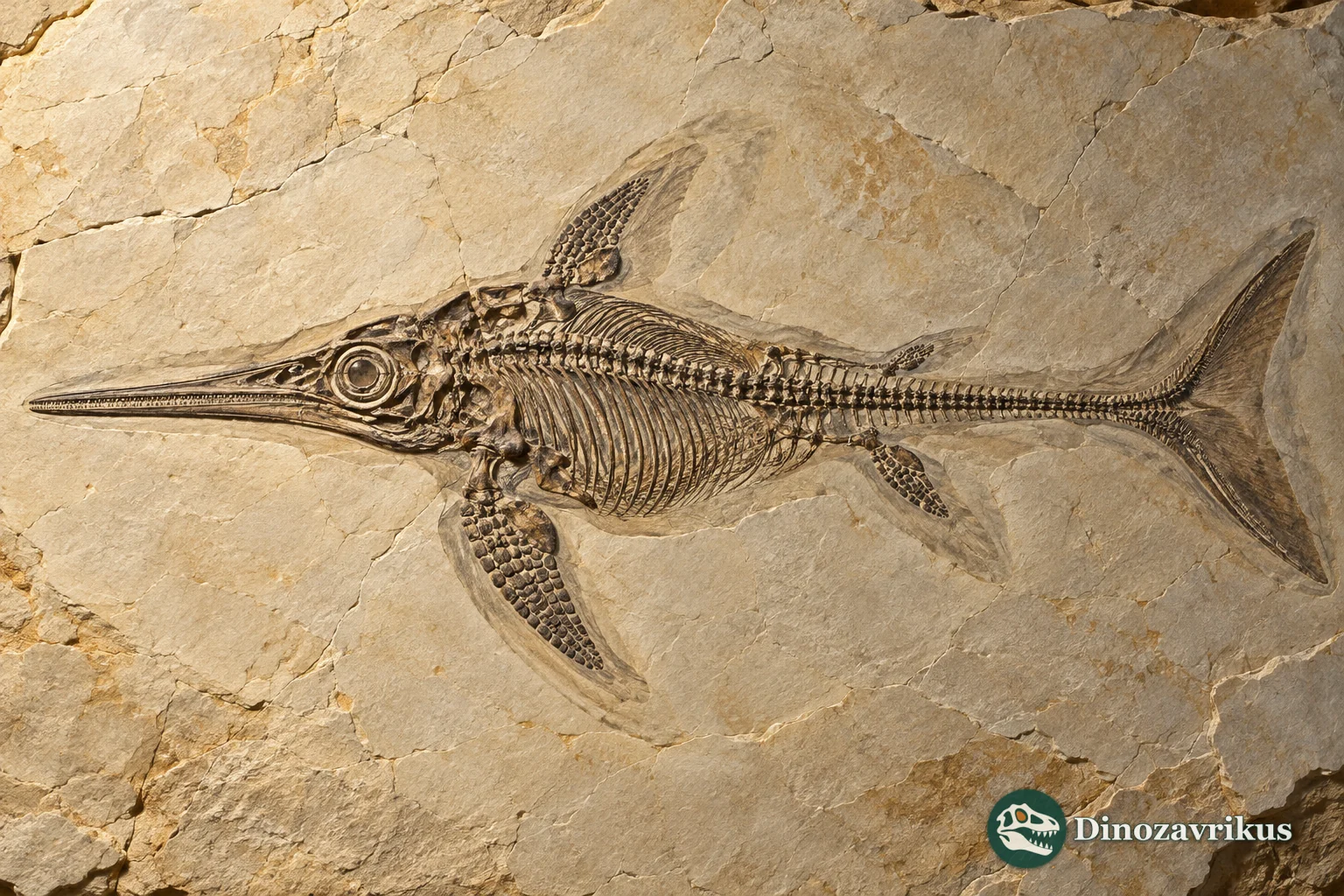 Artistic ichthyosaur skeleton in Bavarian lithographic limestone
