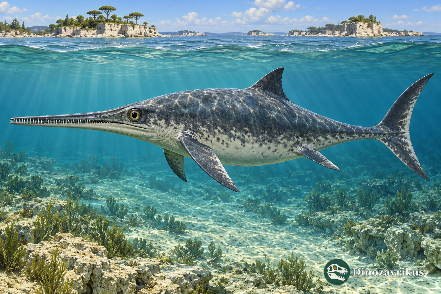 Artistic reconstruction of Aegirosaurus in a Late Jurassic Bavarian lagoon