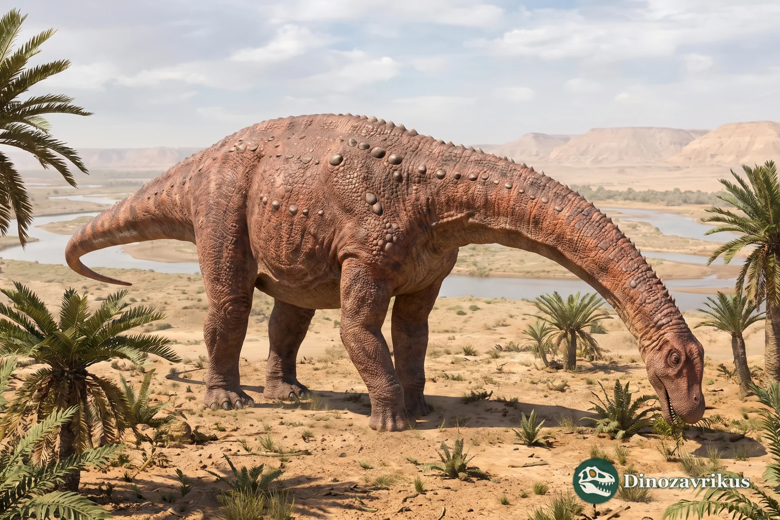 Reconstruction of Aegyptosaurus on a Cretaceous Egyptian coastal plain