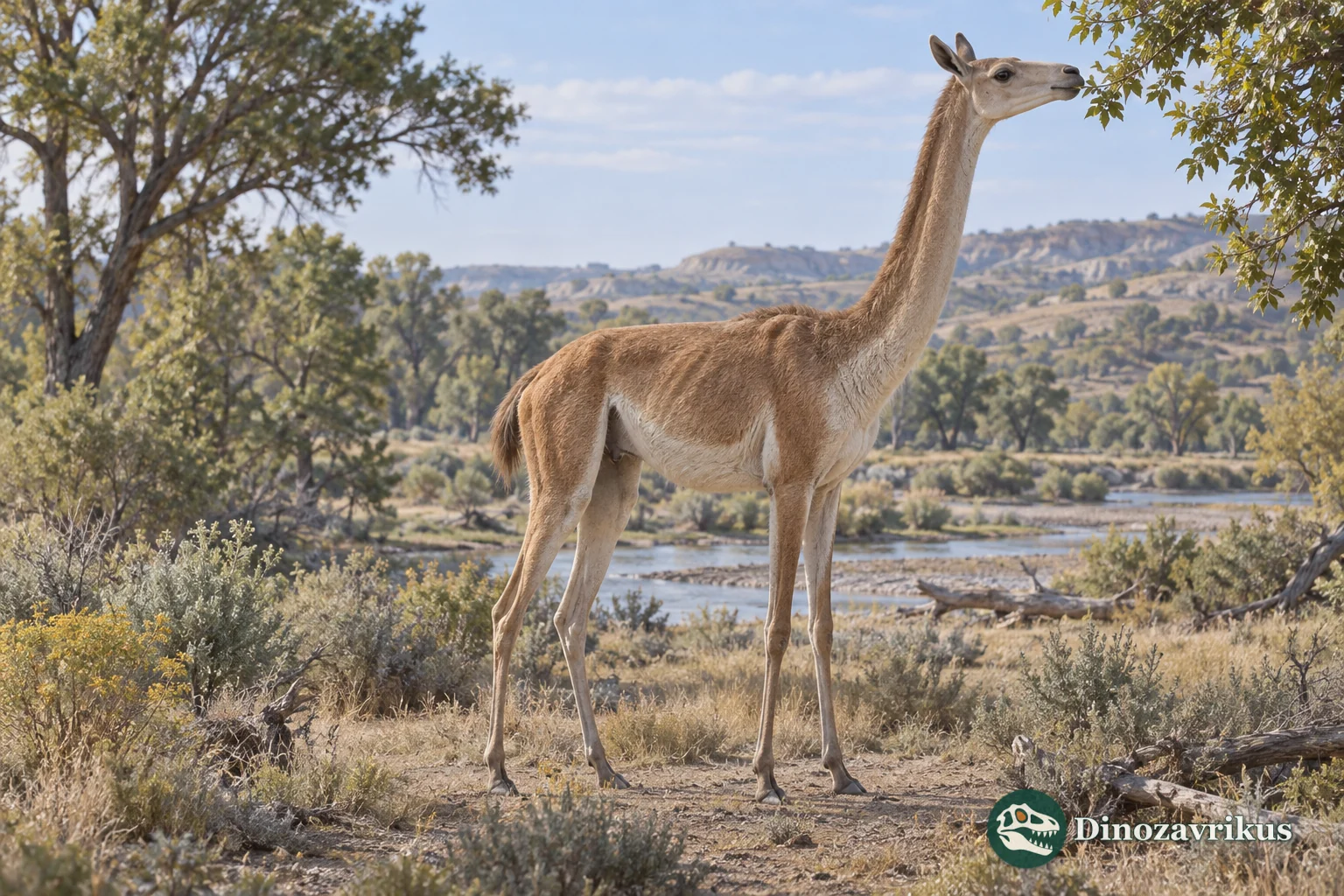 Aepycamelus walking through Miocene scrub in North America