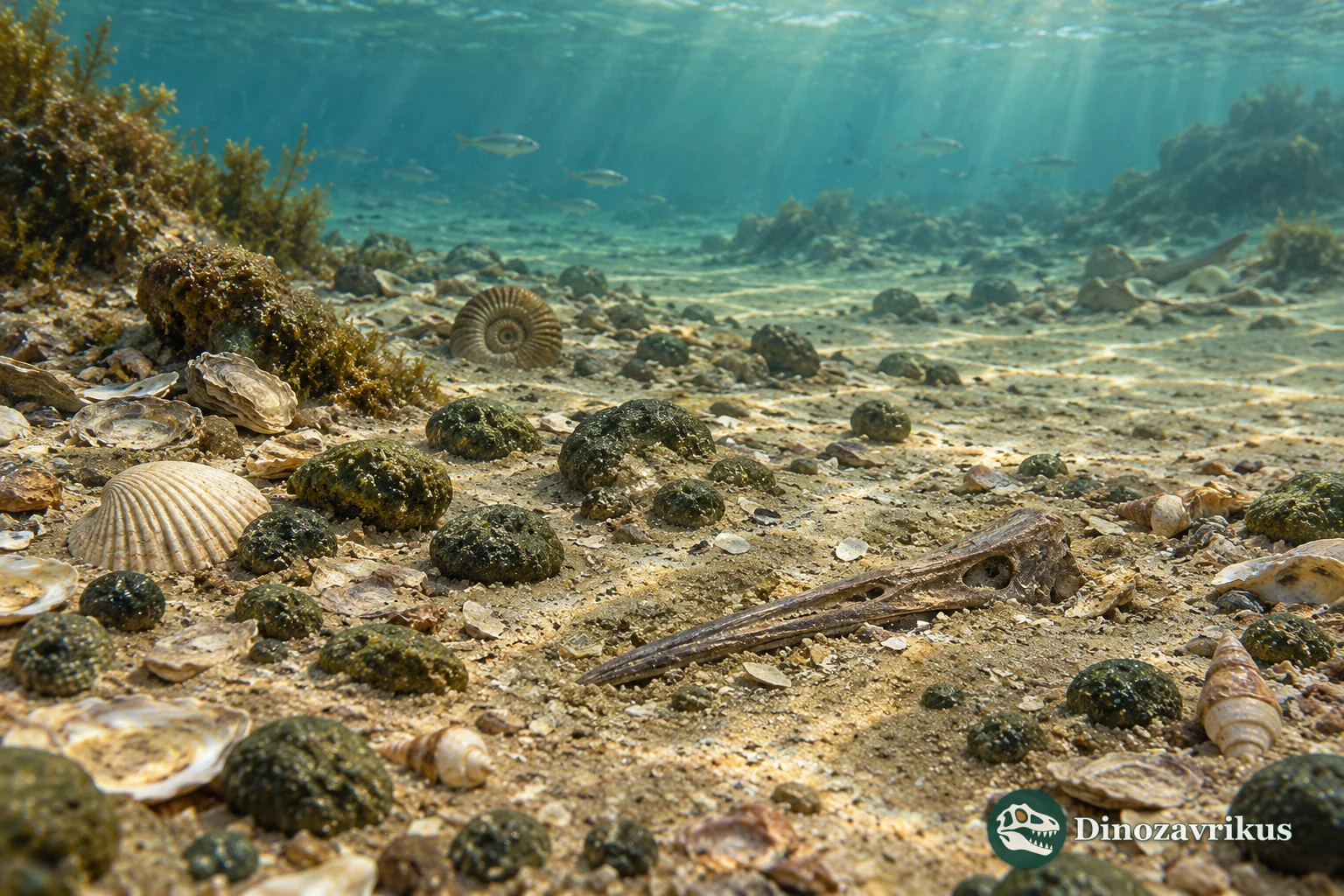 Illustrative shallow seafloor with shells, phosphate nodules and a reworked pterosaur jaw fragment
