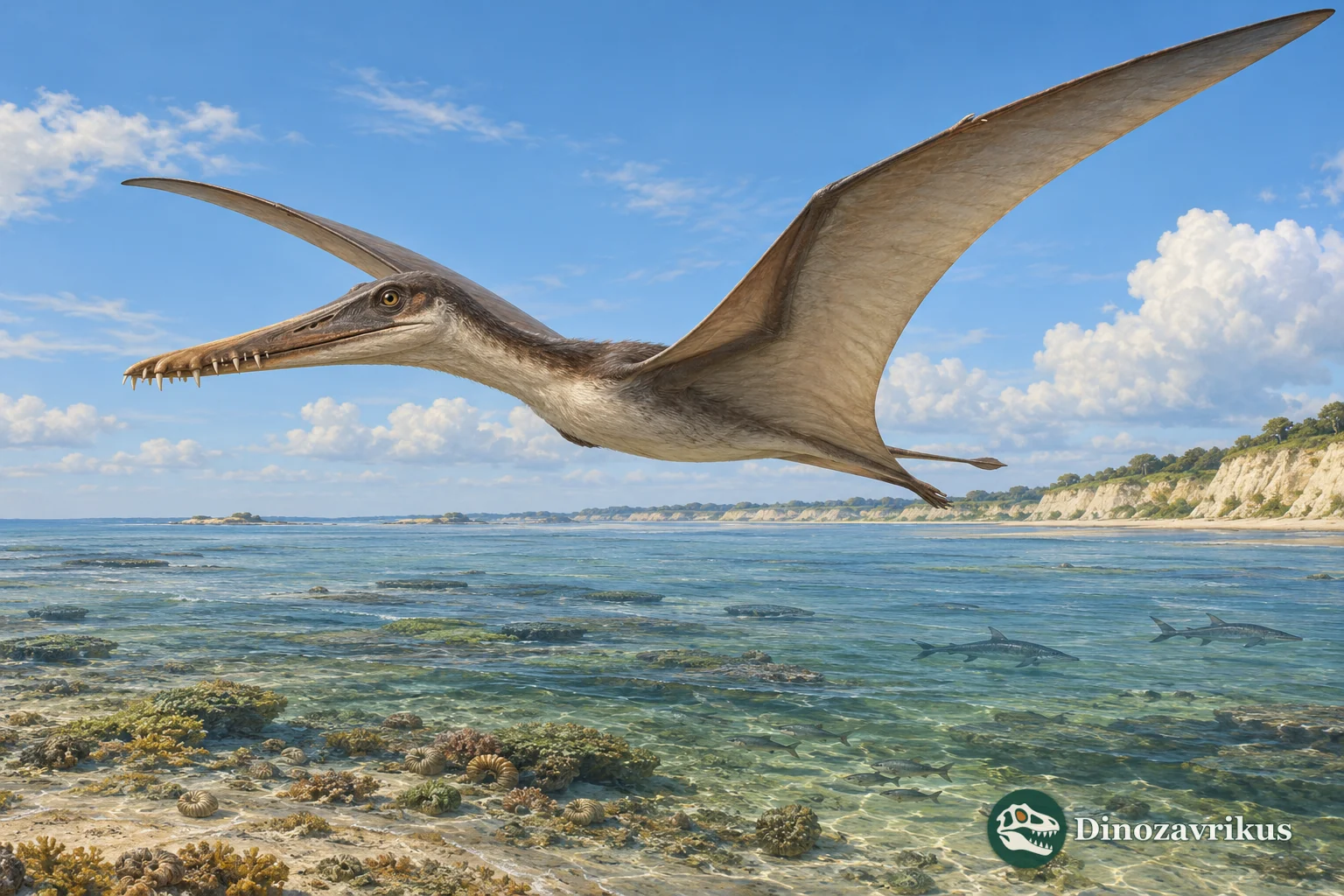 Interpretive reconstruction of Aerodraco flying over a shallow Cretaceous sea in eastern England