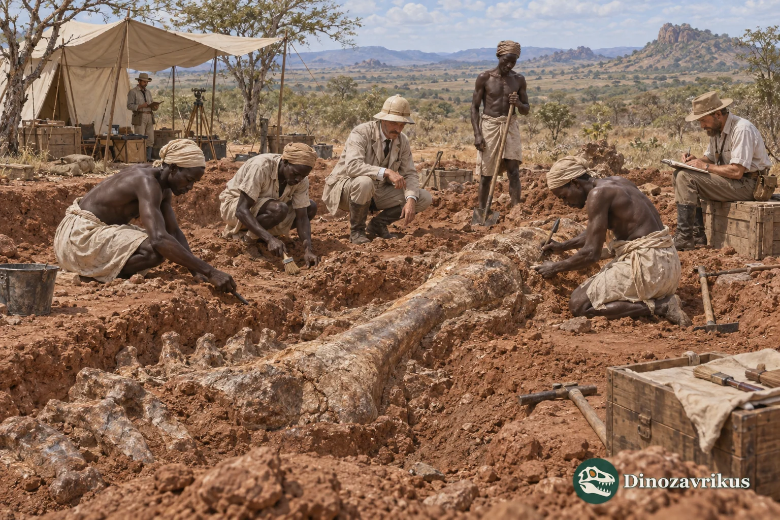 Field workers and palaeontologists documenting a sauropod fossil at an East African excavation