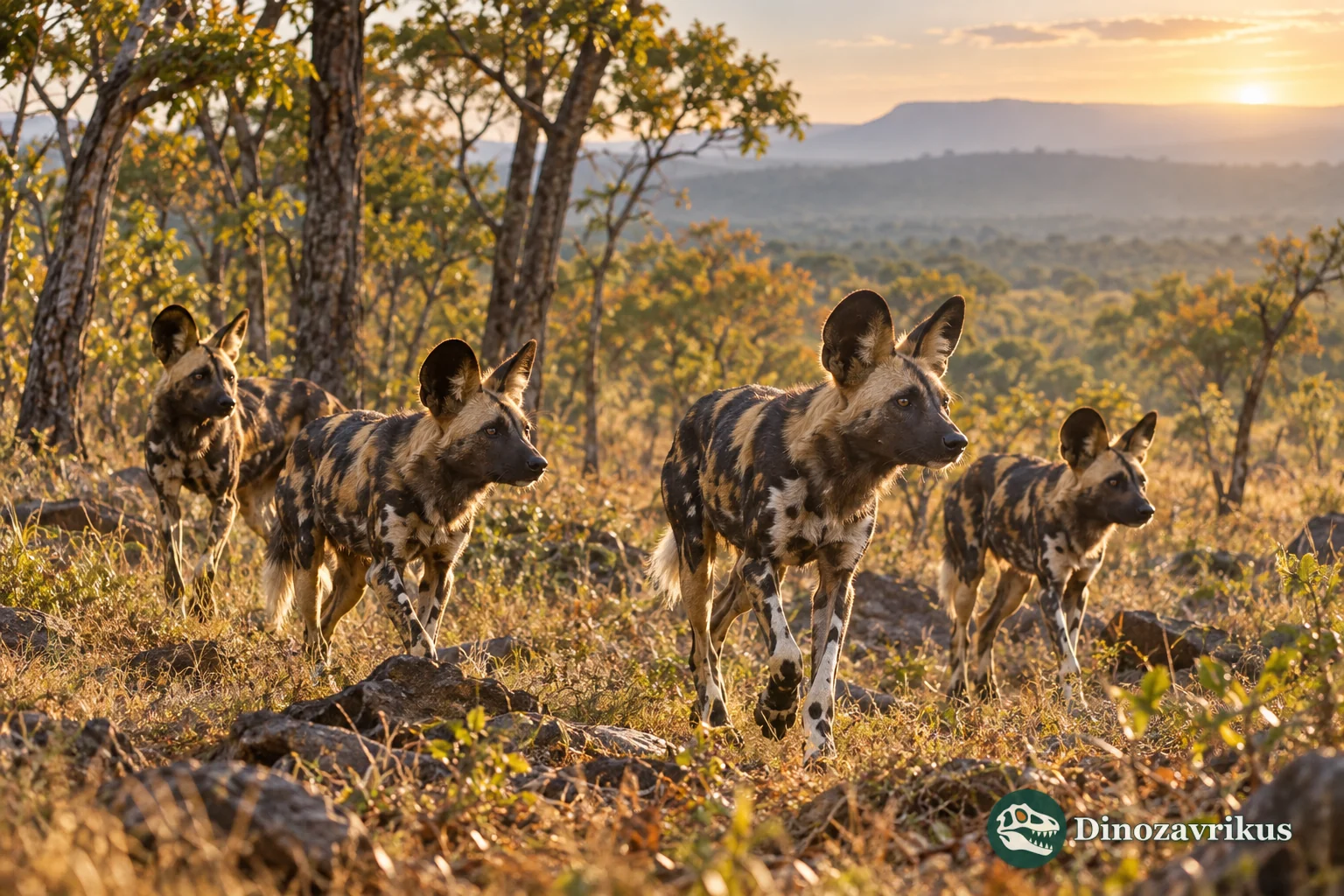 African wild dogs travelling through open miombo woodland
