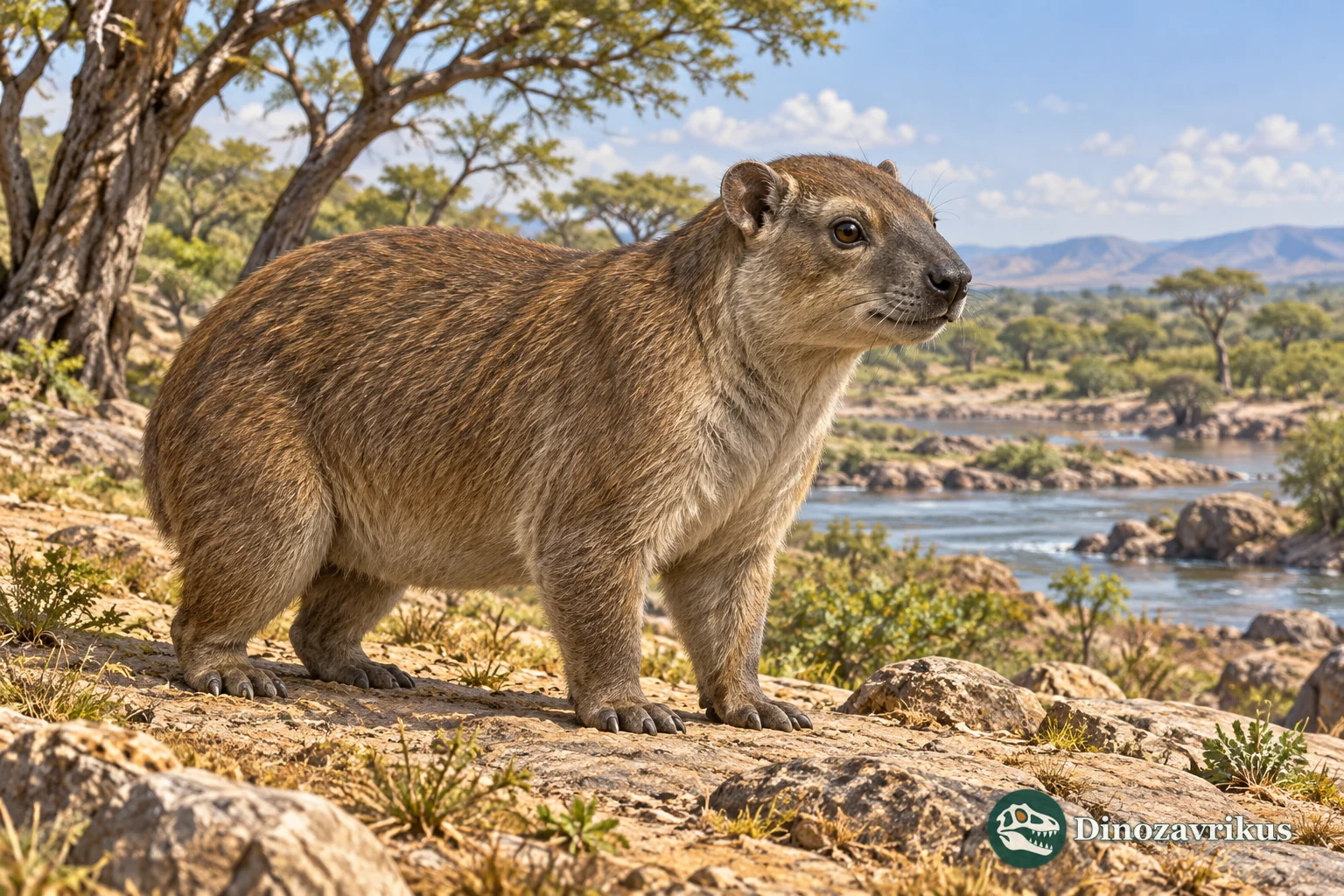 Artistic reconstruction of Afrohyrax beside a river in early Miocene East Africa