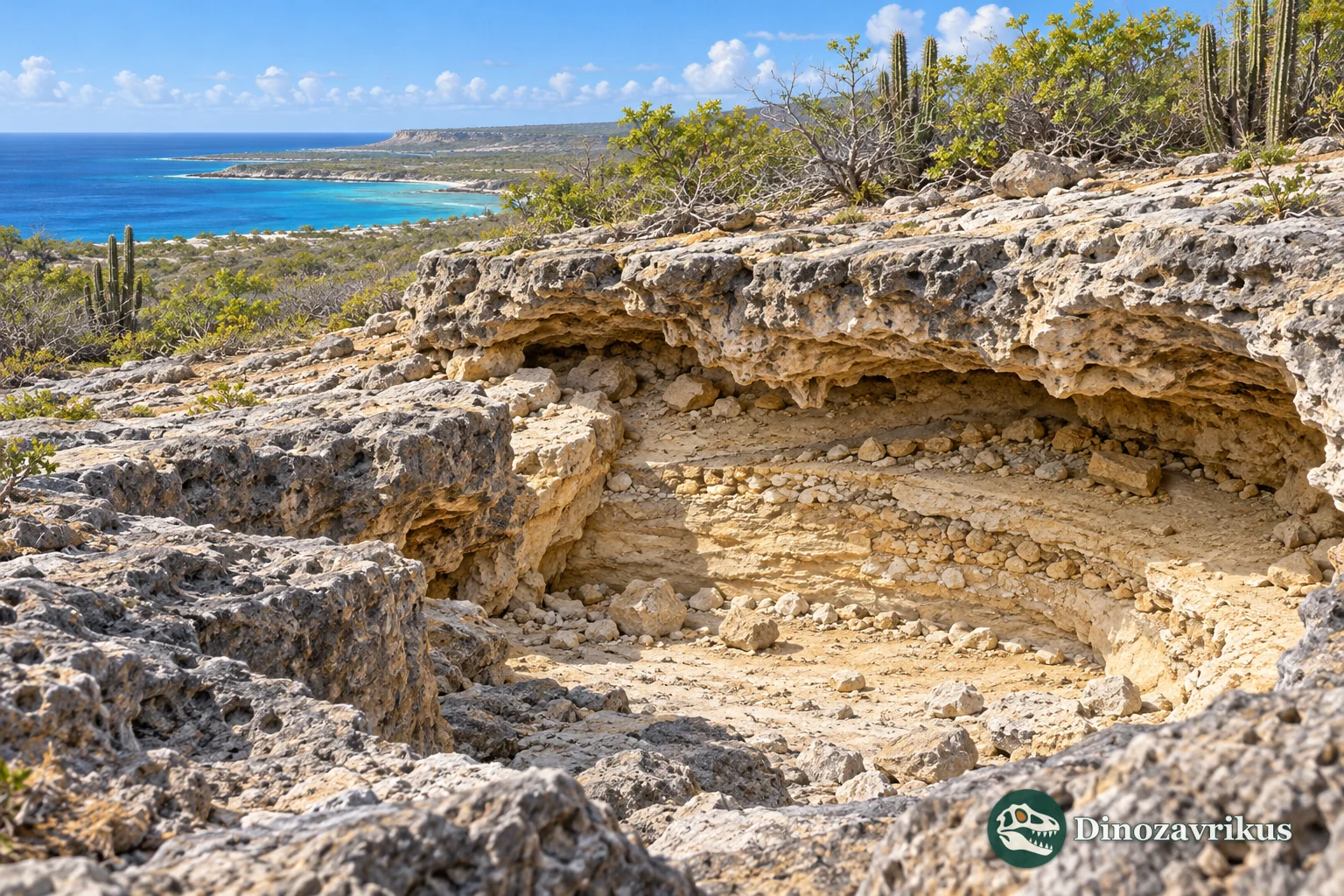 Interpretive Bonaire limestone deposit and coastal vegetation
