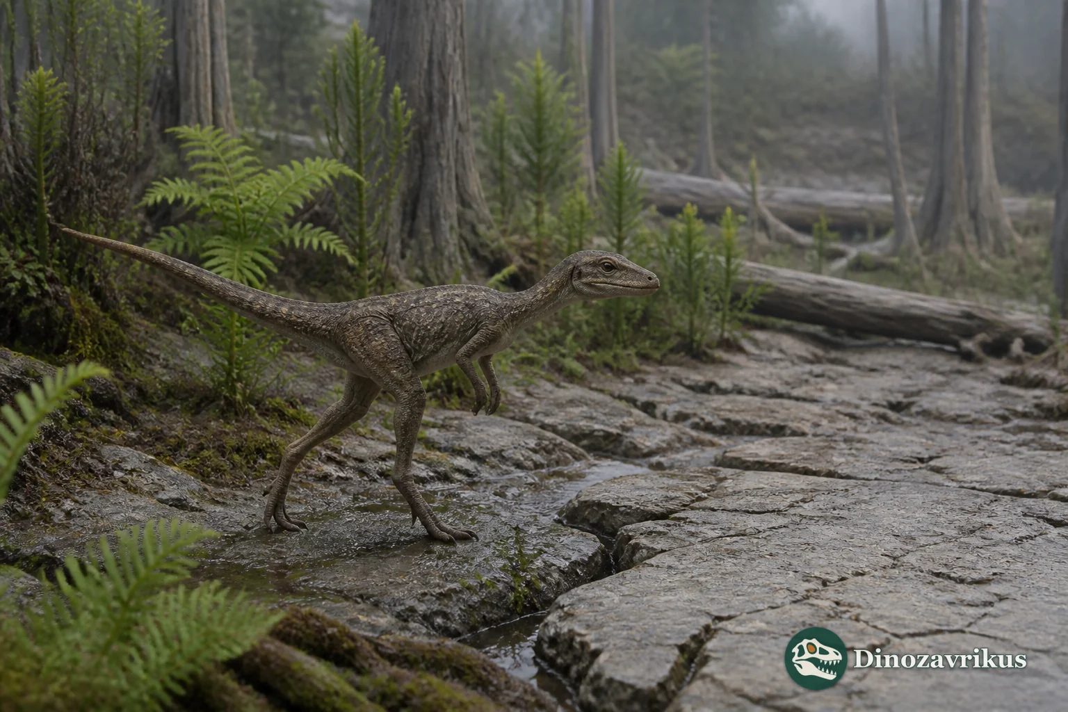 A small Agnosphitys reconstruction beside Triassic vegetation at Cromhall