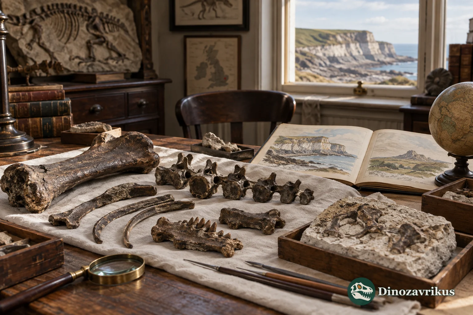 Fossil drawers, field notes and geological drawings in a historical study room