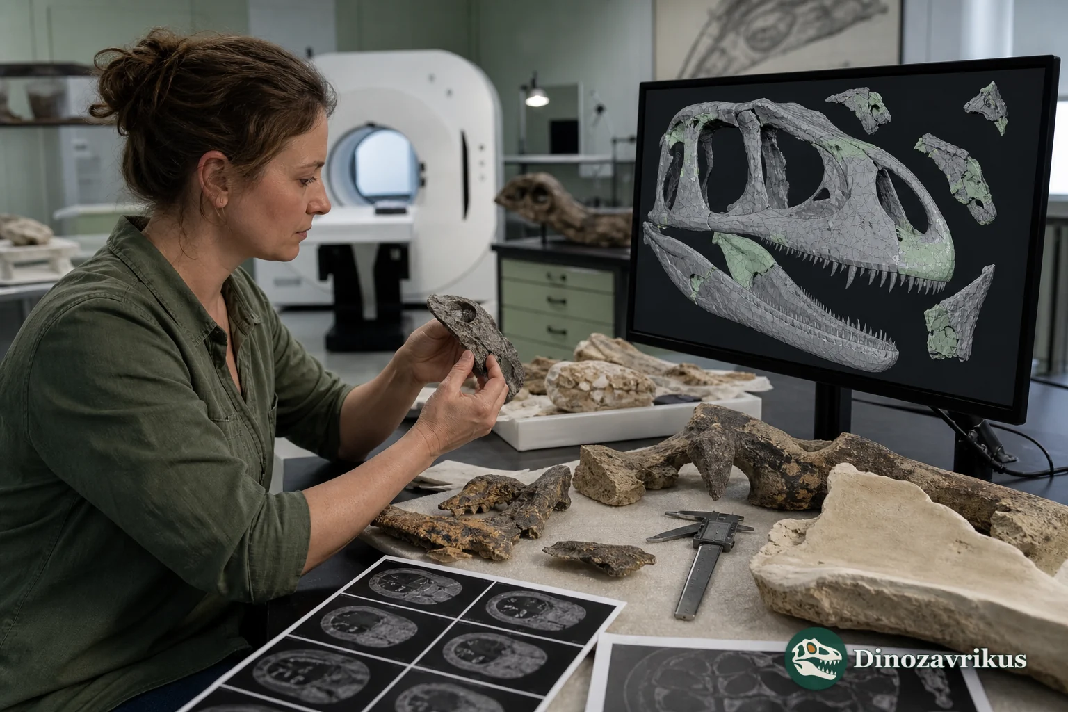 A palaeontologist examining a fossil beside CT slices and a digital skull model