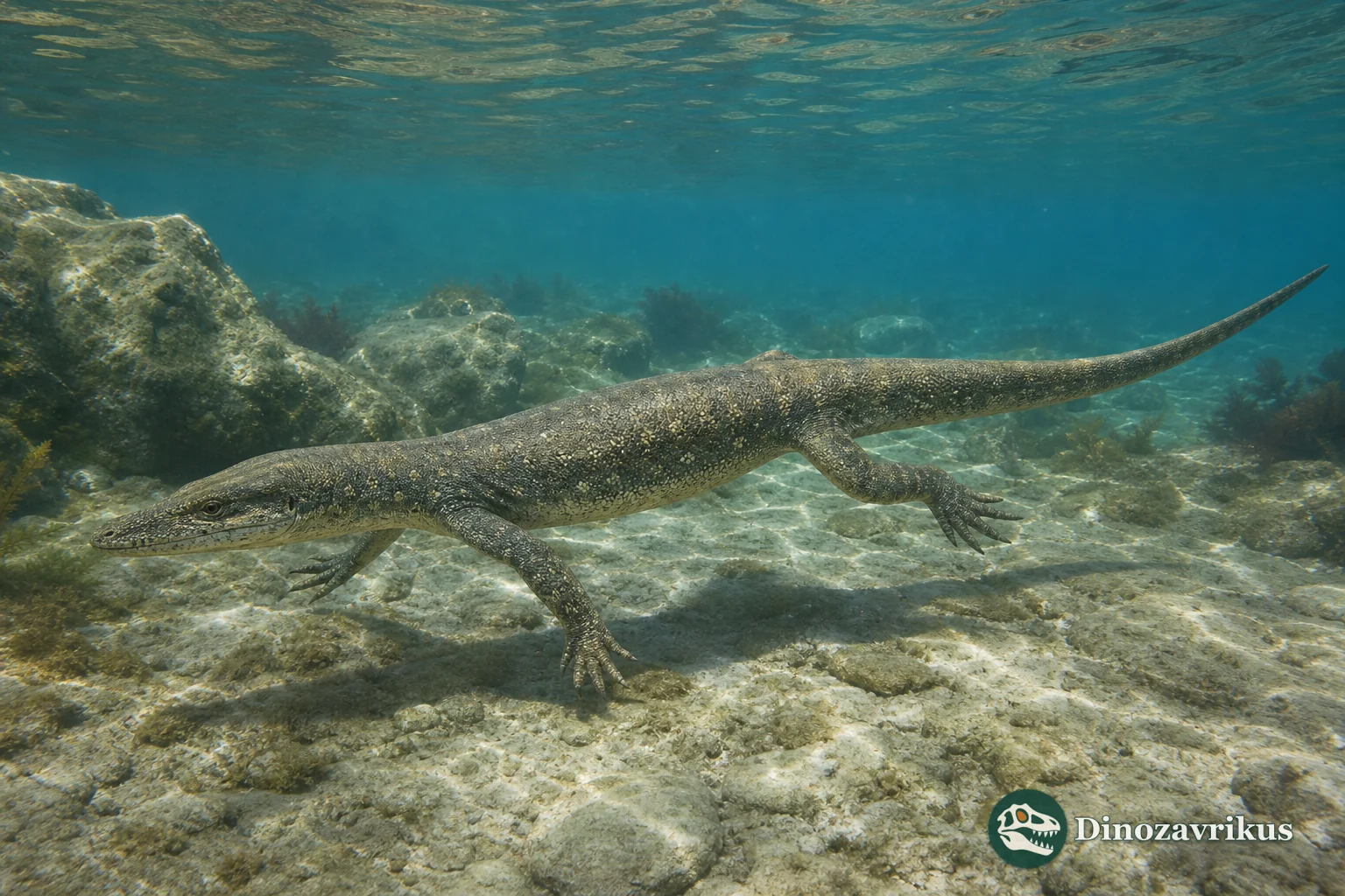 Aigialosaurus swimming with digit-bearing limbs in a shallow Cretaceous sea