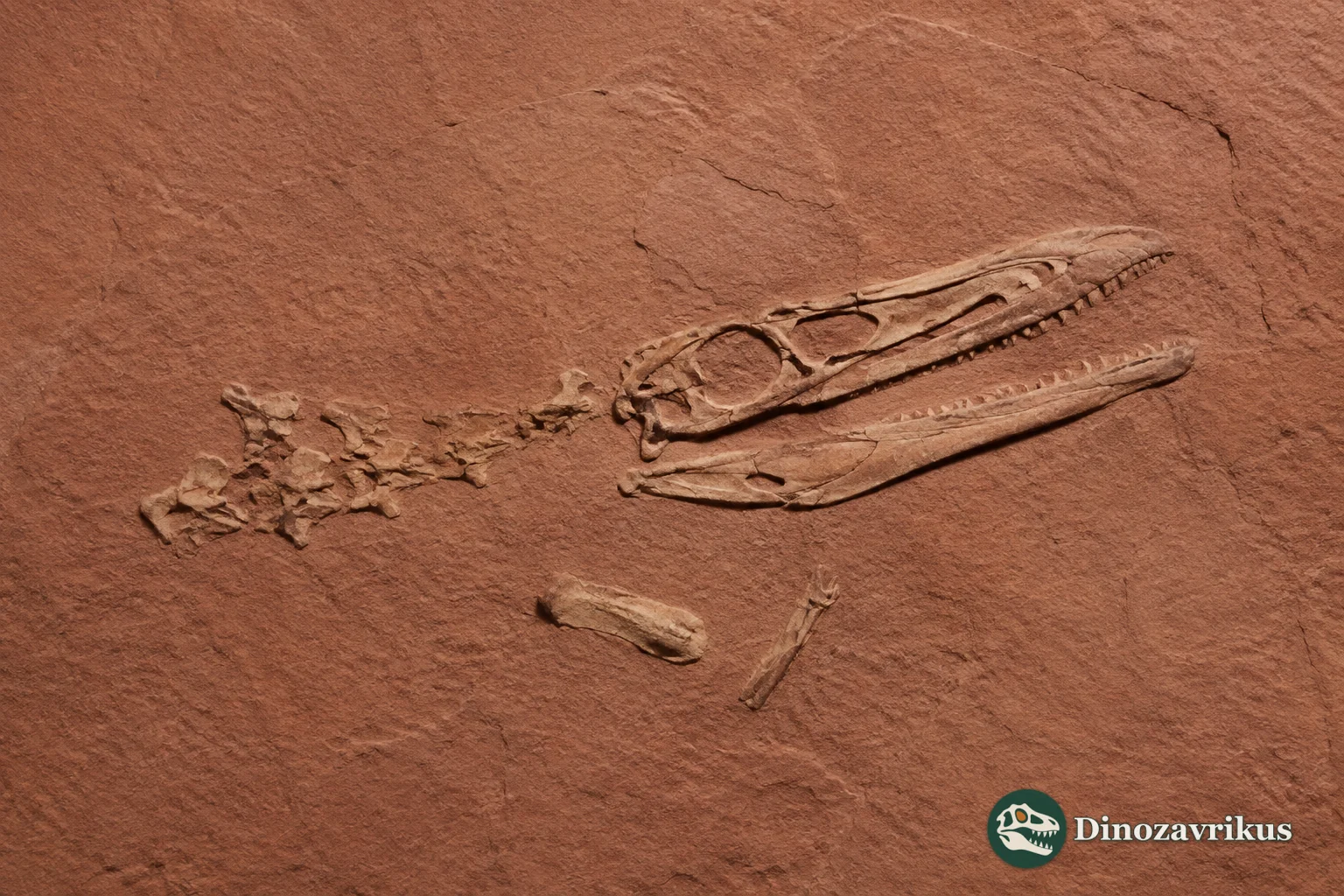 Incomplete Aiolosaurus skull and delicate bones in Gobi sandstone