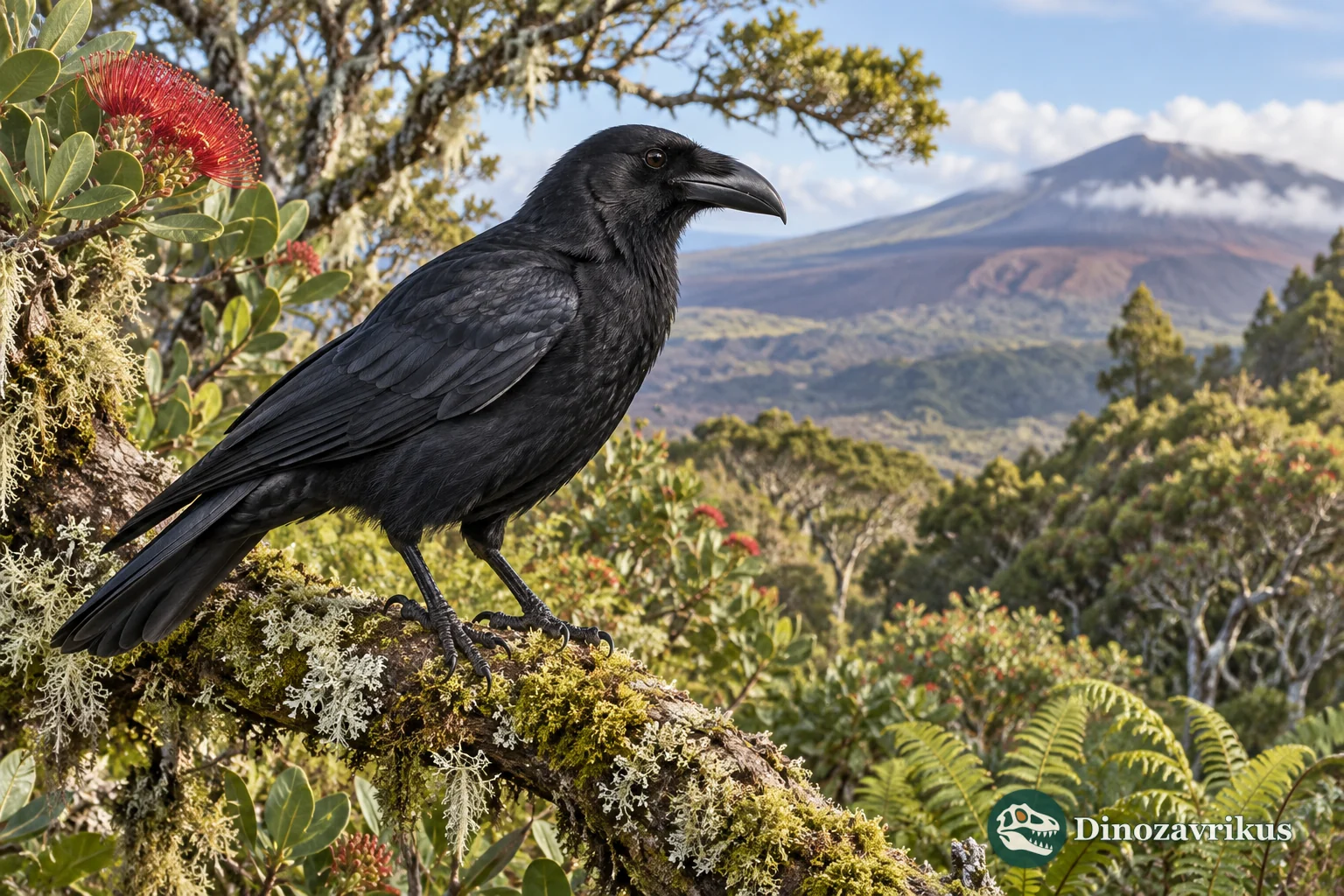 Hawaiian crow ʻAlalā perched in native montane forest on Hawaiʻi