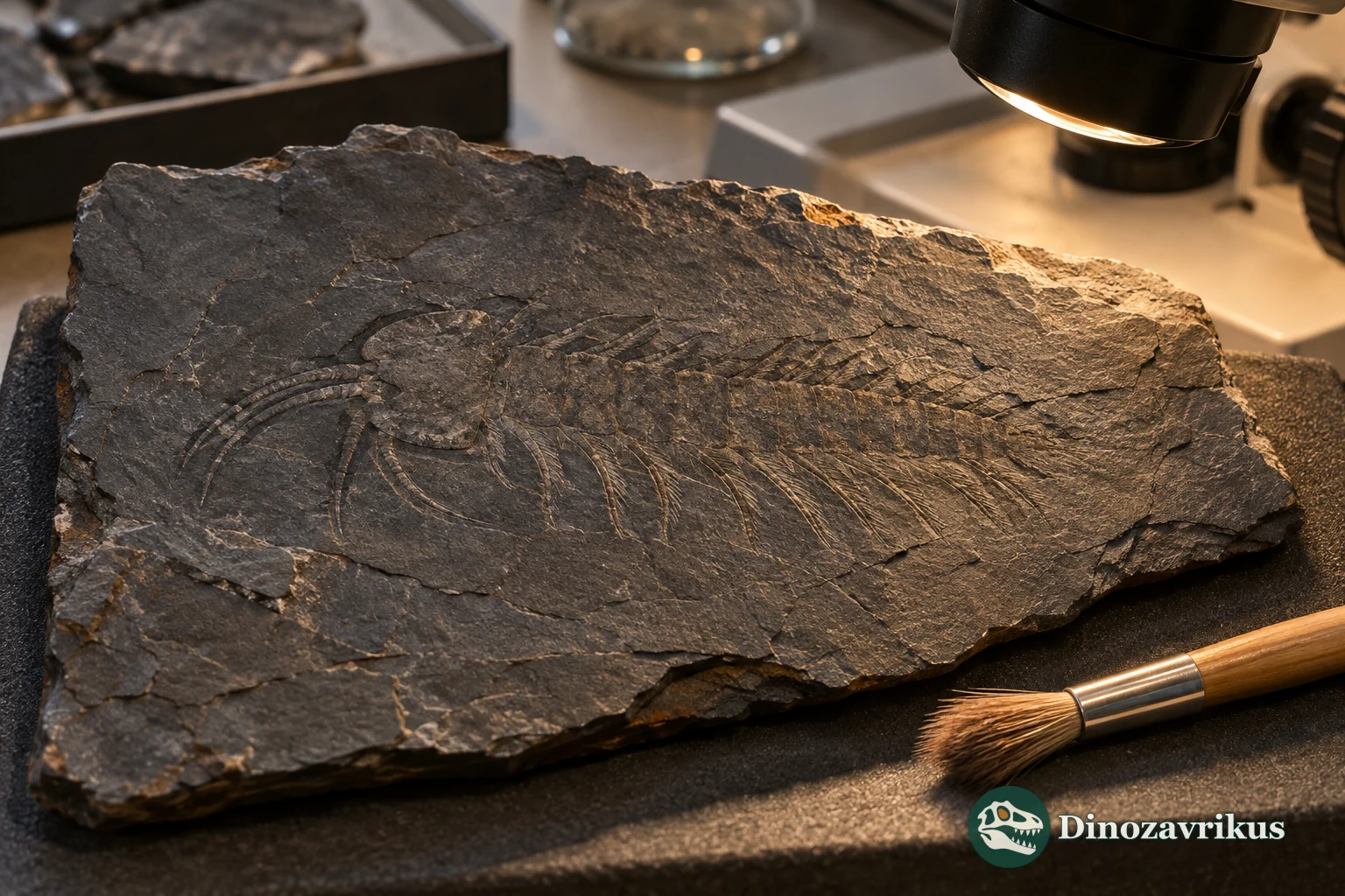 Illustrative museum scene of a delicate Alalcomenaeus fossil impression examined under oblique light
