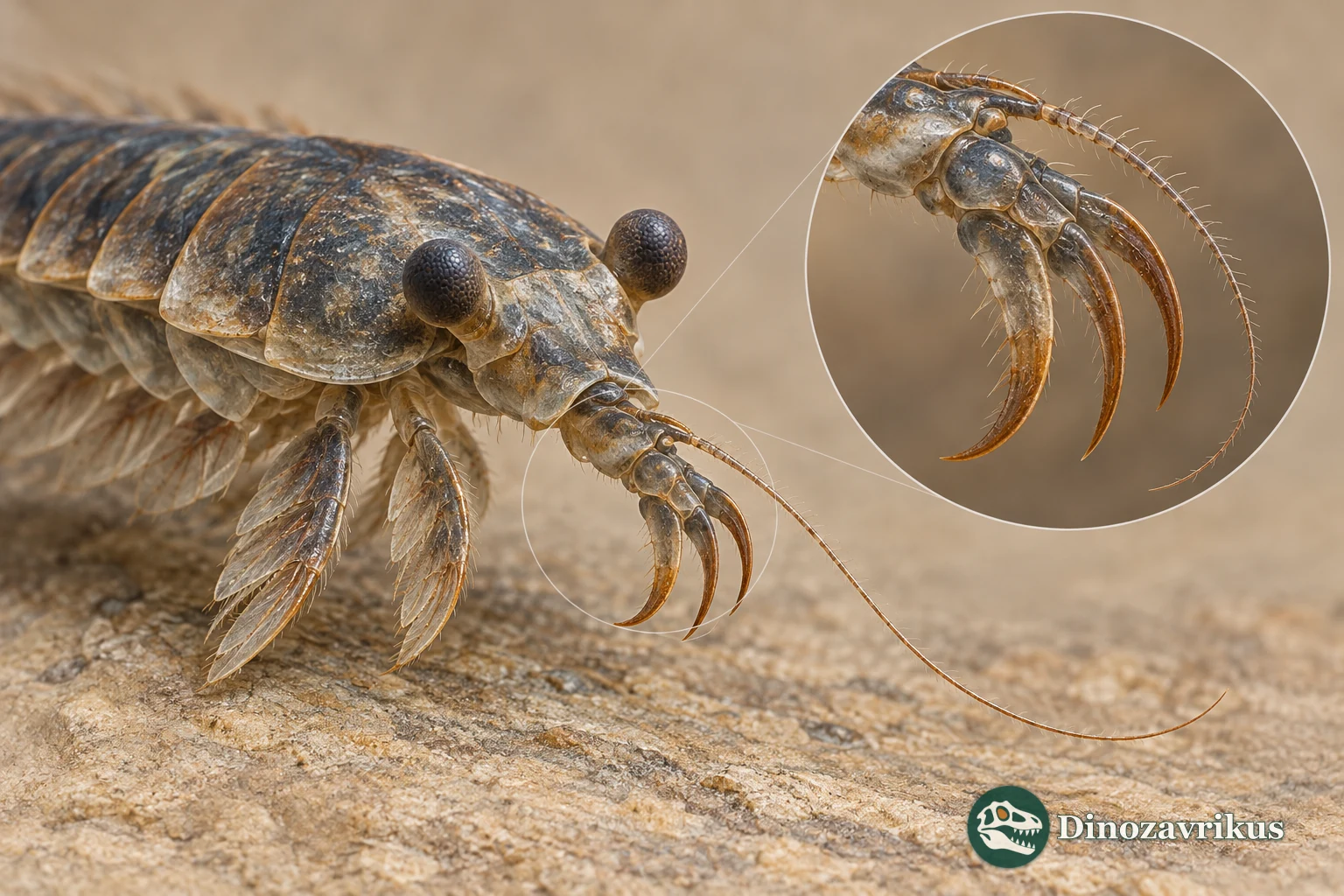 Reconstruction of Alalcomenaeus with a magnified three-clawed frontal appendage and flagellum