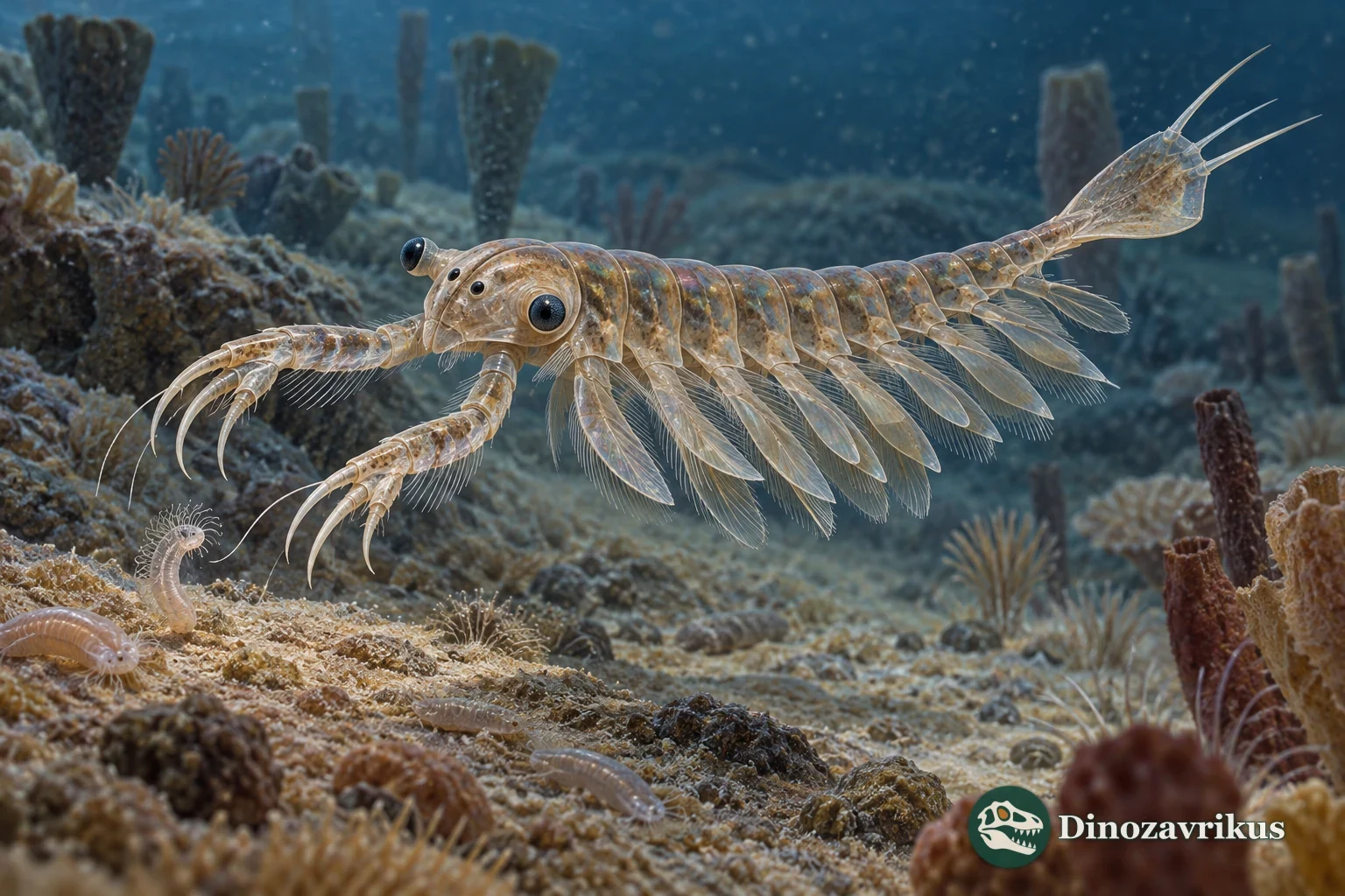 Scientific reconstruction of Alalcomenaeus cambricus swimming above a Cambrian sea floor