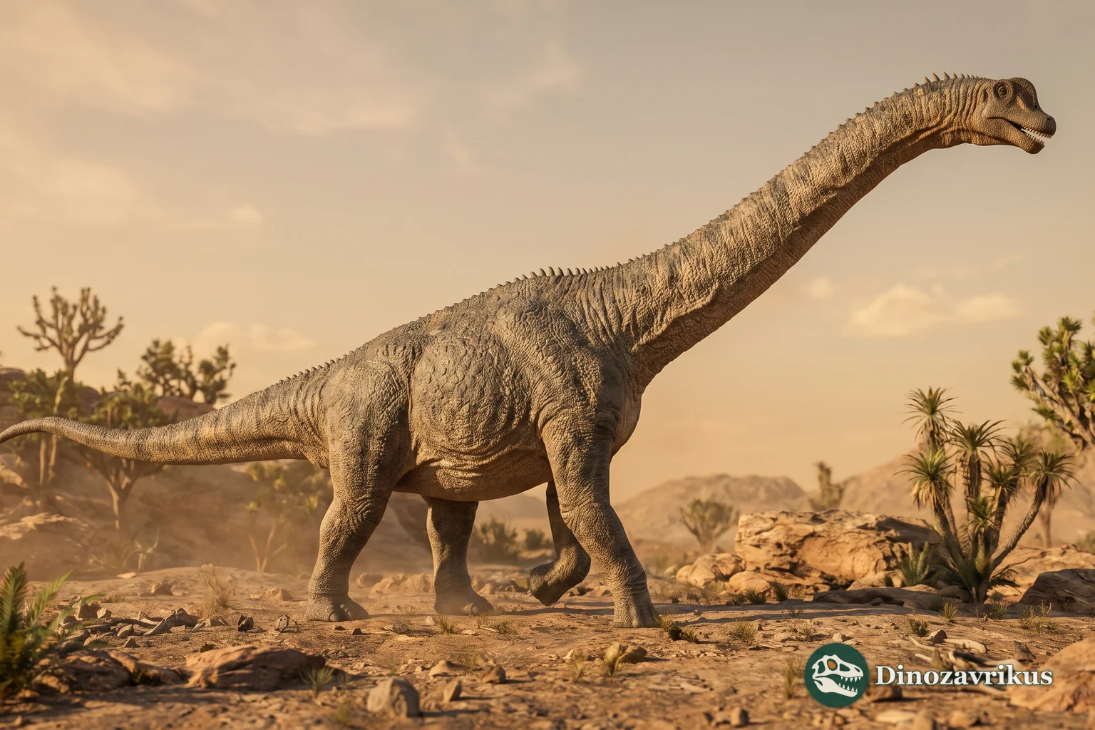 Reconstruction of Alamosaurus in a dry Late Cretaceous North American landscape
