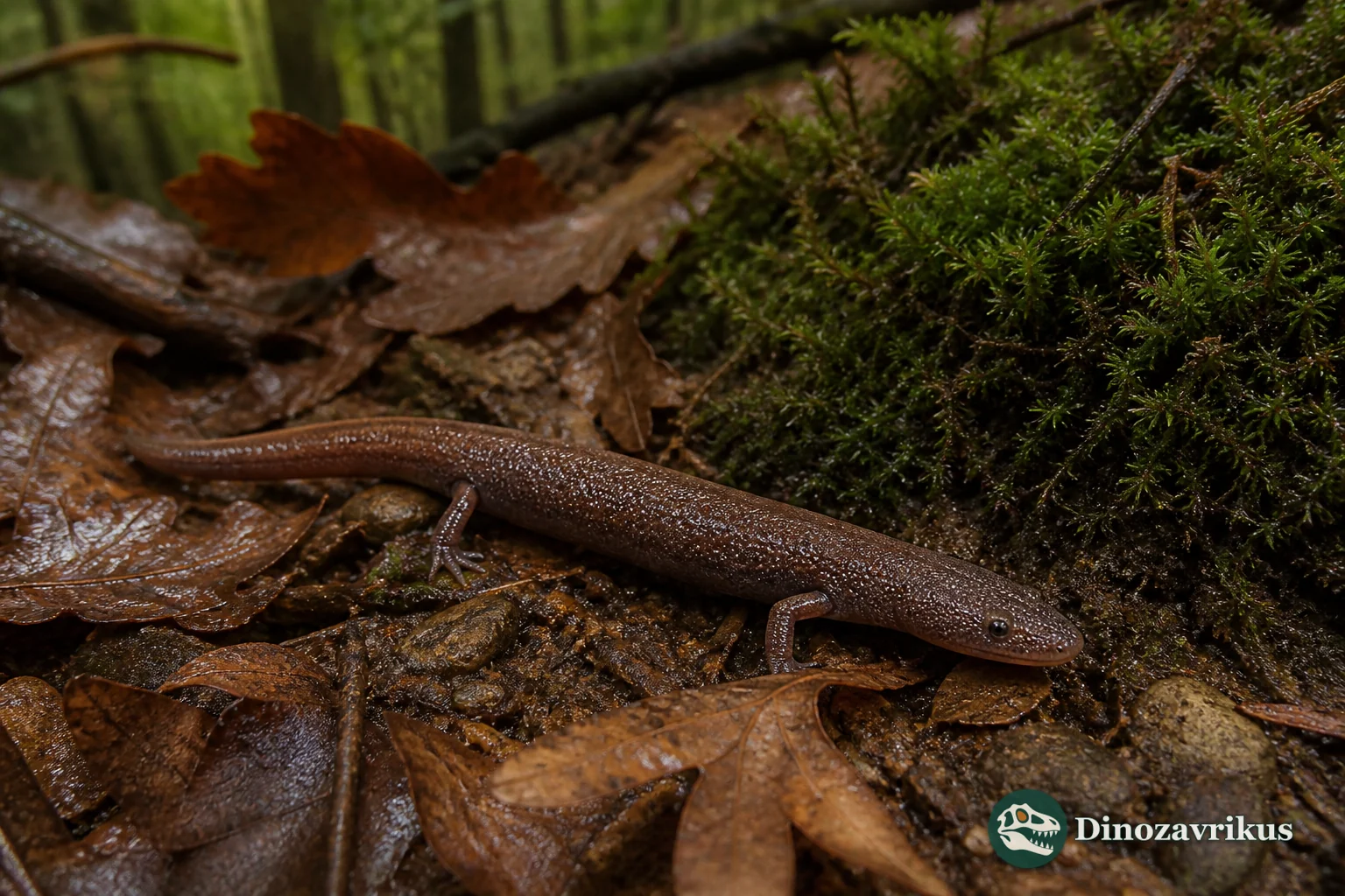 Albanerpeton among leaf litter in a Miocene European forest