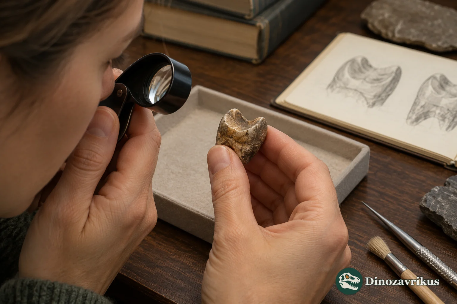 Illustrative laboratory scene showing comparison of a fossil molar